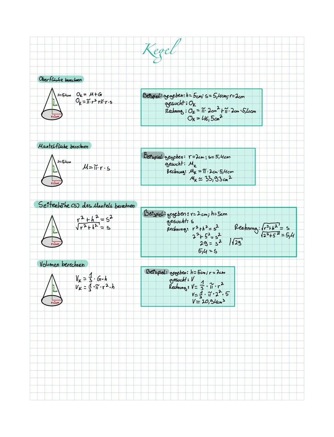 Oberfläche berechnen
S=5,4cm Ok = μM+G
Ok=r²tñ·r.s
r=dem
Mantelfläche berechnen.
S=5,4cm
Seitenhöhe Cs) des Mantels berechnen
r² +h² = 5²
√√