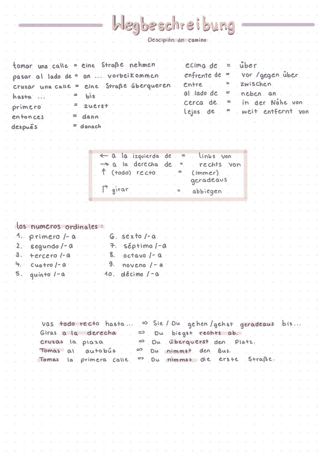 tomar una calle = eine Straße nehmen
pasar al lado de =
vorbeikommen
cruzar una calle
hasta
primero
entonces
después
=
=
dann
= danach
Wegbe