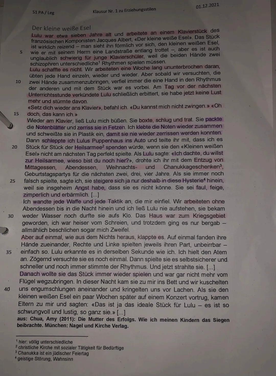 S1 PA / Leg
Erwartungshorizont „Der kleine weiße Esel"
Teilaufgabe I
Klausur Nr. 1 zu Erziehungsstilen
Name: Josy
Anforderungen
Die Schüleri