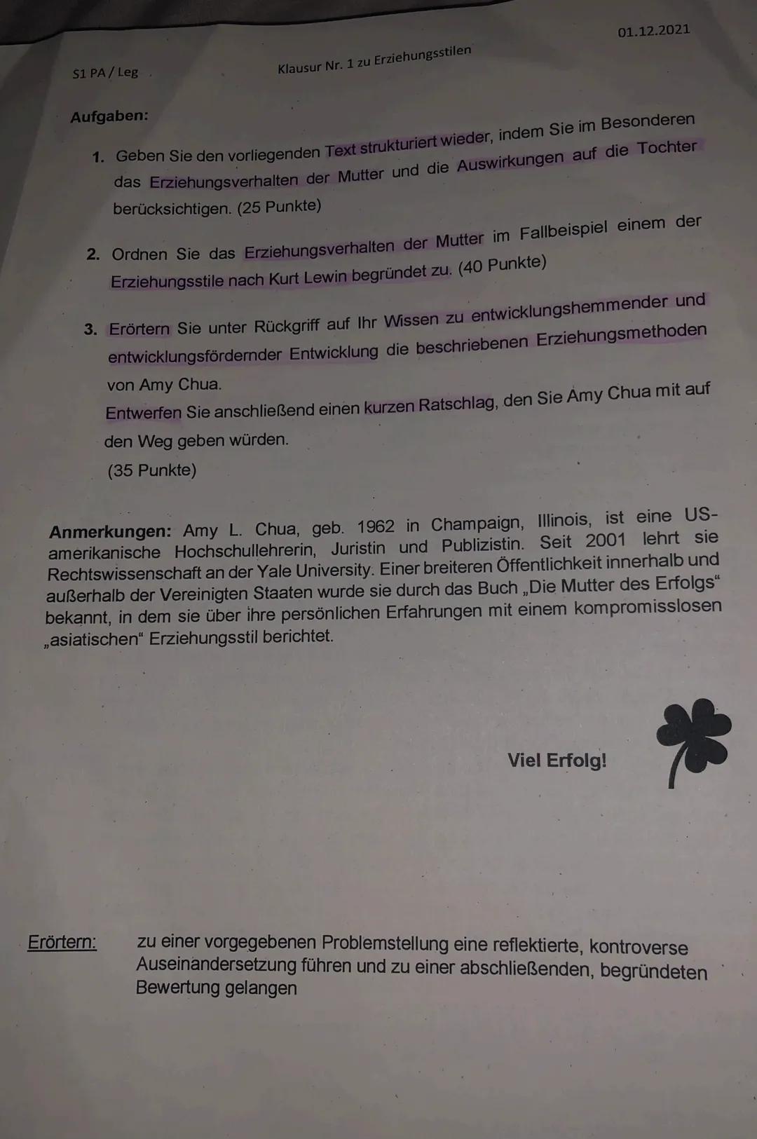 S1 PA / Leg
Erwartungshorizont „Der kleine weiße Esel"
Teilaufgabe I
Klausur Nr. 1 zu Erziehungsstilen
Name: Josy
Anforderungen
Die Schüleri