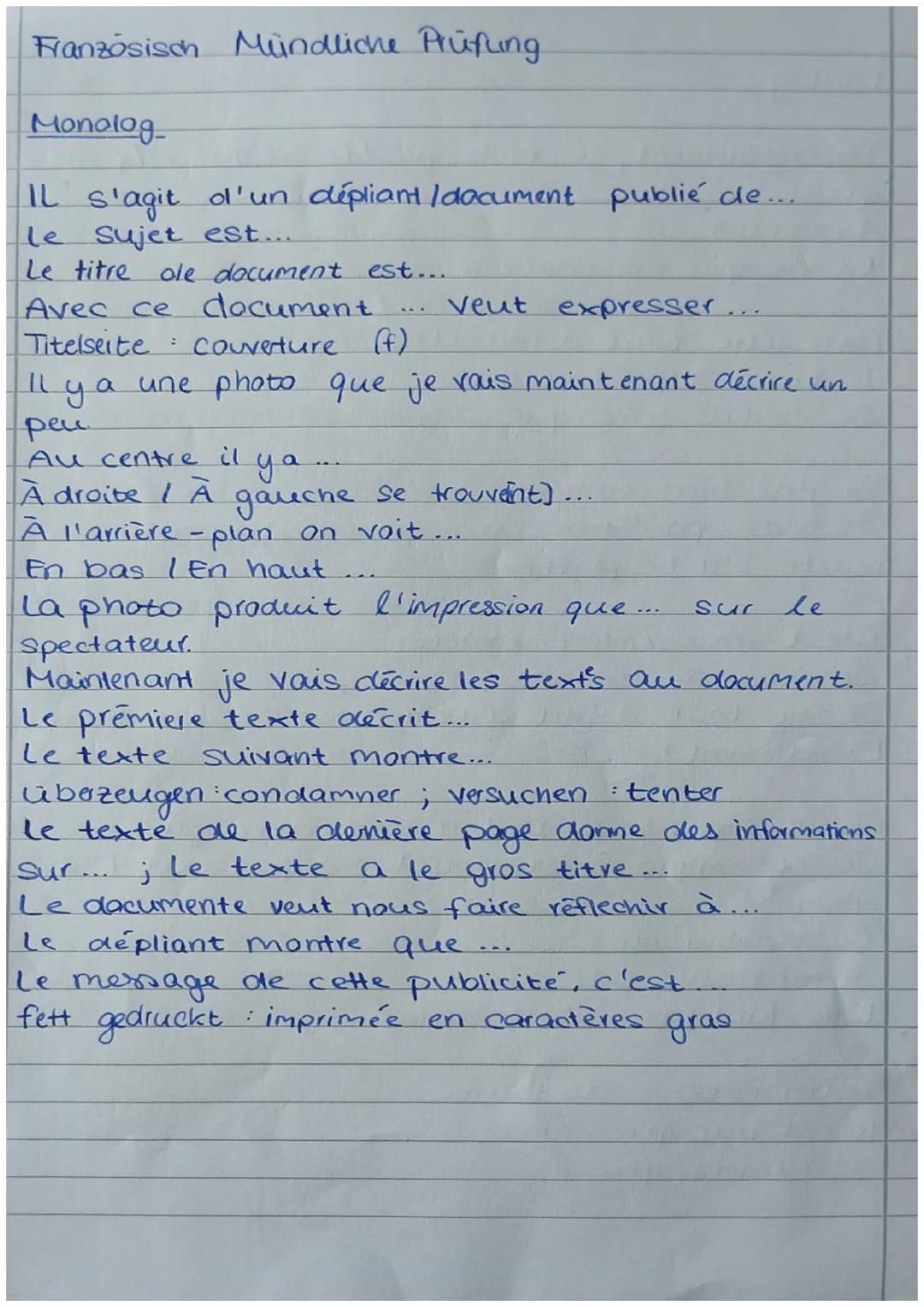 Französisch Mündliche Prüfung
Monolog
IL S'agit
d'un dépliant / document
le sujet est...
publié de...
Le titre ole document est...
Avec ce d
