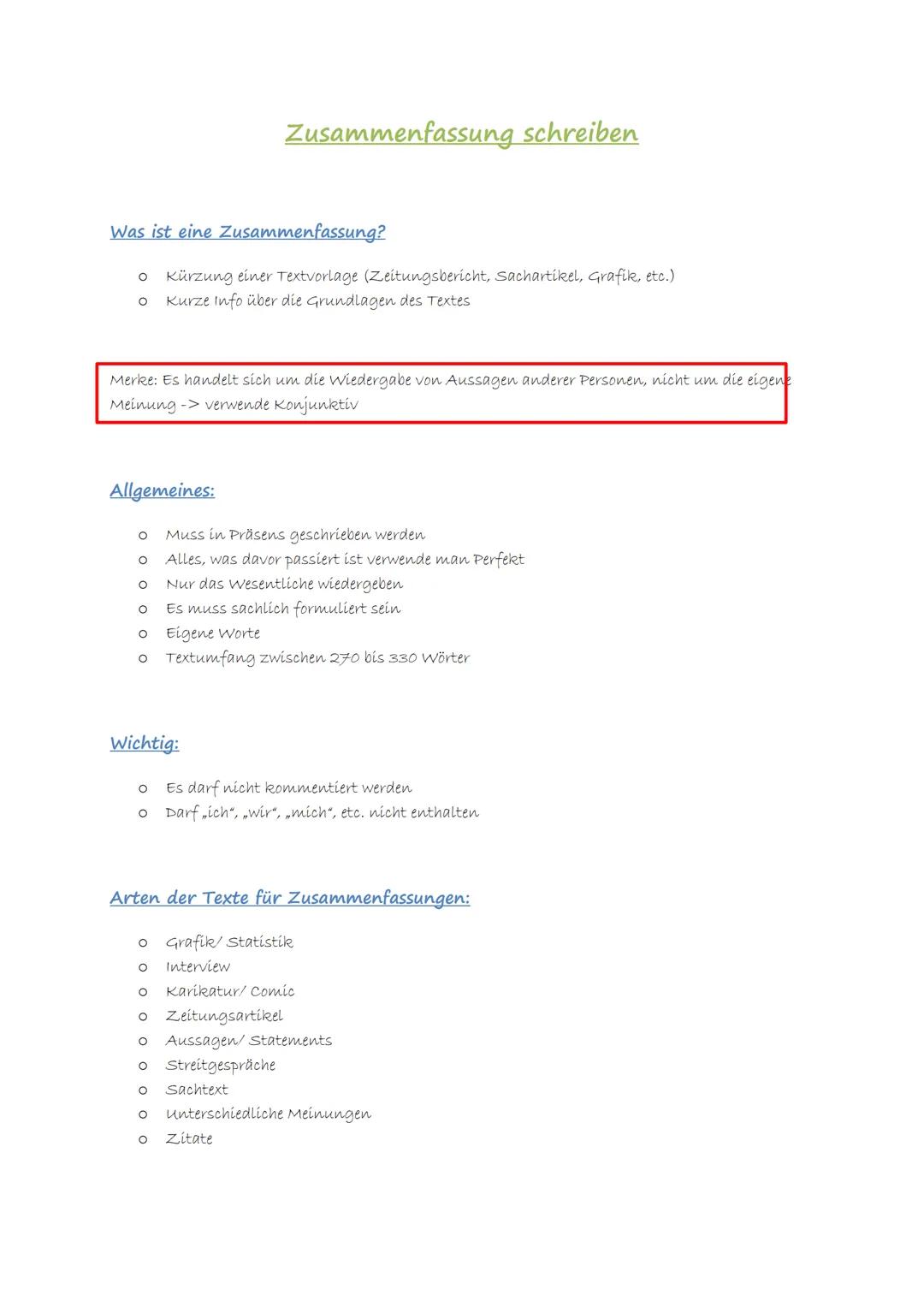 Was ist eine Zusammenfassung?
o Kürzung einer Textvorlage (Zeitungsbericht, Sachartikel, Grafik, etc.)
O Kurze Info über die Grundlagen des