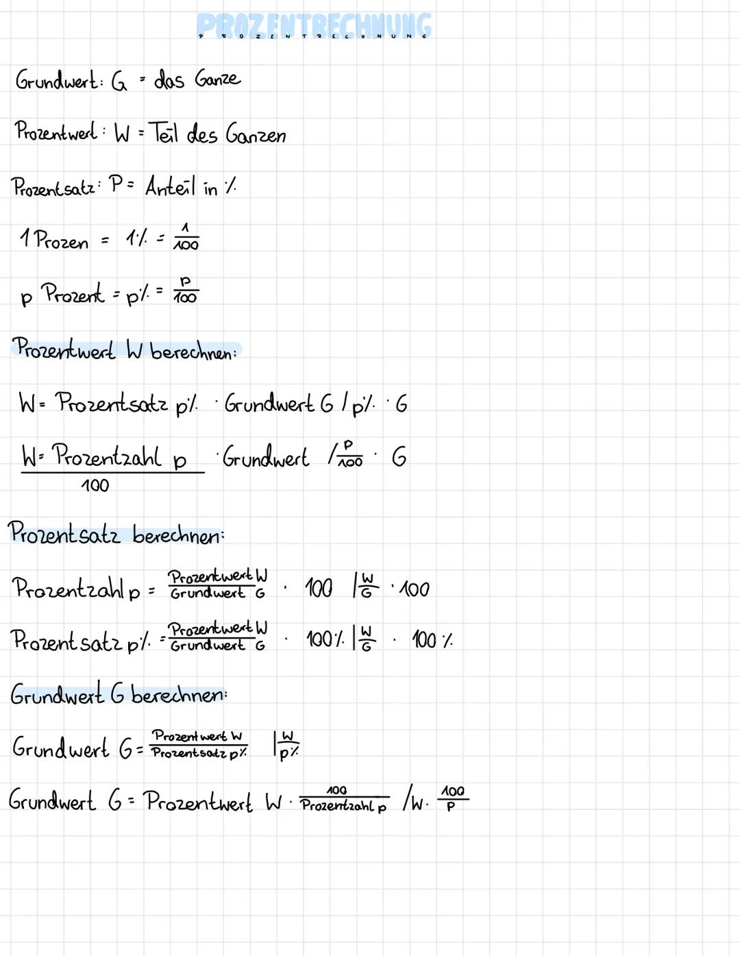 # PROZENTRECHNUNG
Grundwert: G = das Ganze
Prozentwert: W= Teil des Ganzen
Prozentsatz: P= Anteil in %
1 Prozen = $1\% = \frac{1}{100}$