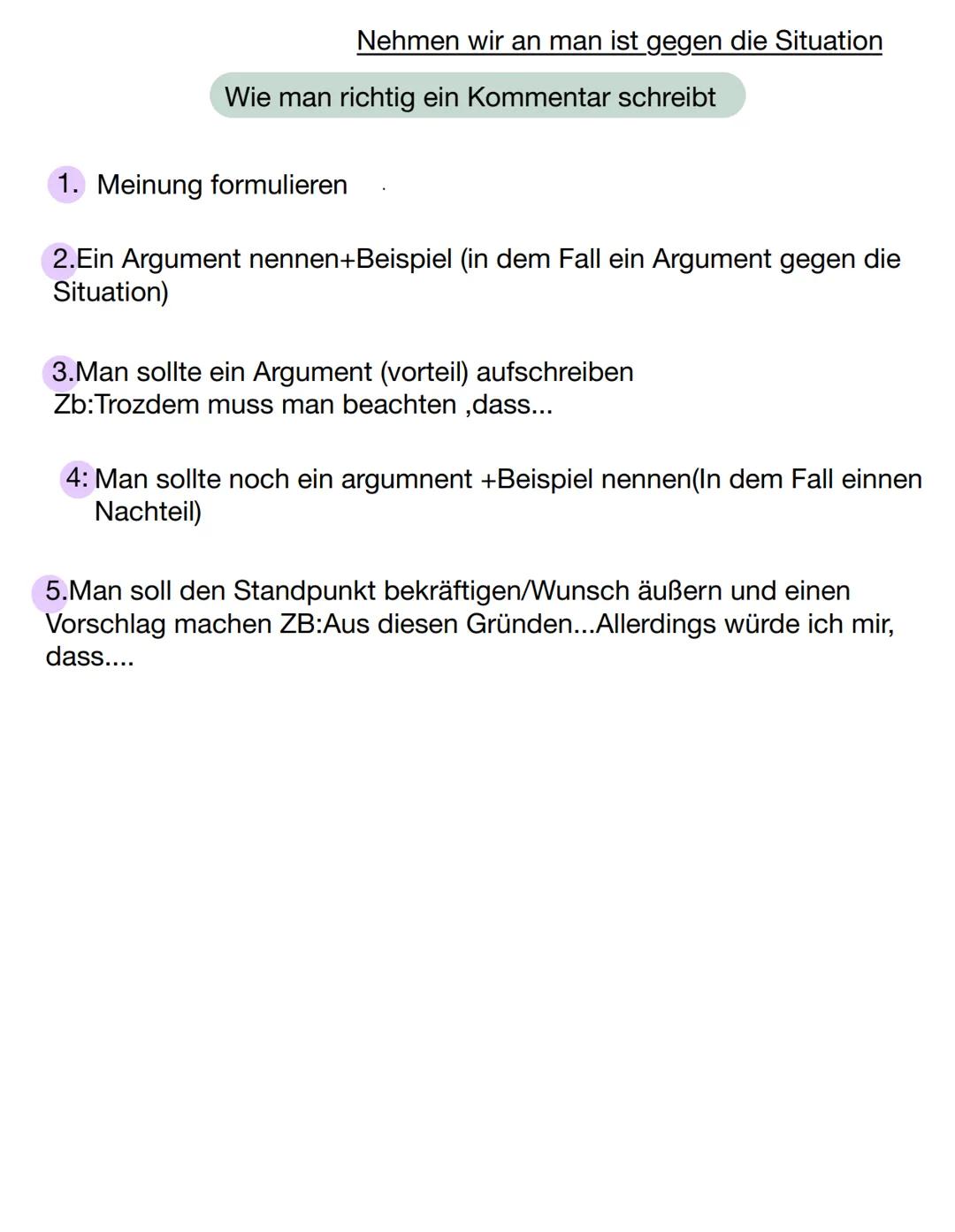 Argumentieren
Einleitung
Meinung formulieren
Hauptteil
- Argument 1
Beispiel 1
- Argument 2
Aufbau eines Kommentares
Beispiel 2
Ich finde, d