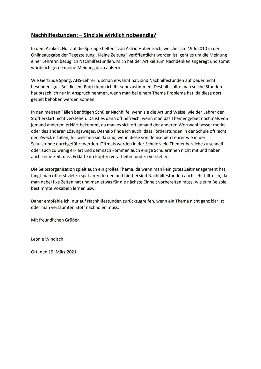 Leserbrief - Nachhilfestunden