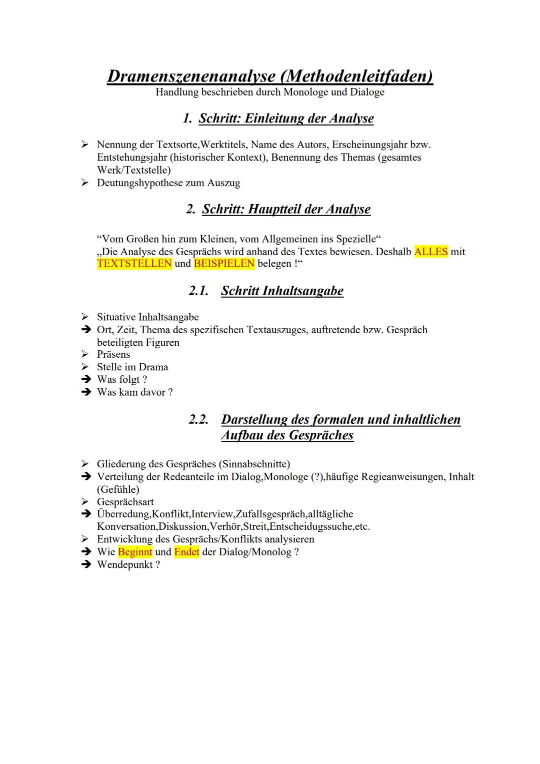 # Dramenszenenanalyse (Methodenleitfaden)
Handlung beschrieben durch Monologe und Dialoge
## 1. Schritt: Einleitung der Analyse
➤ Nennung