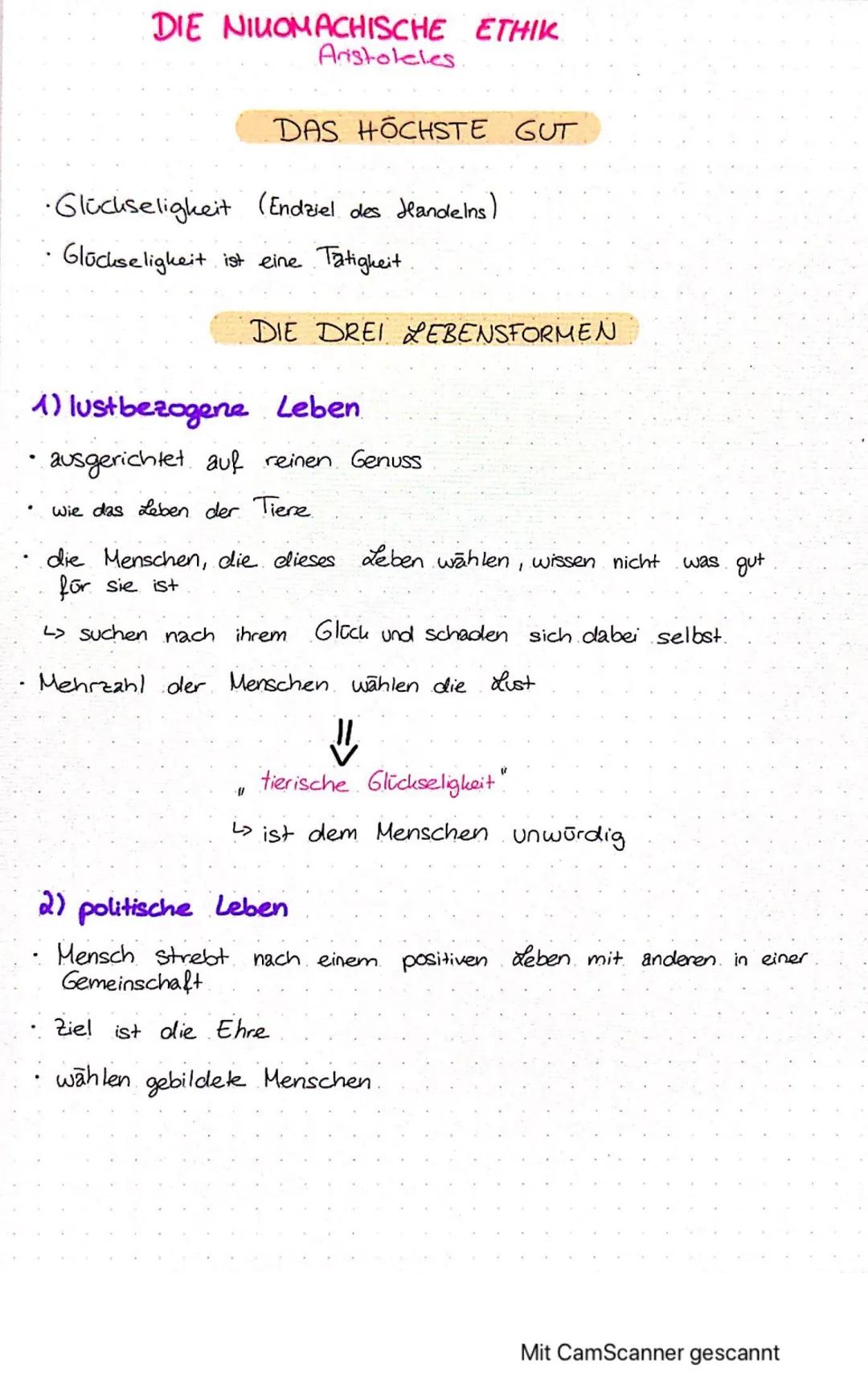 # GLÜCKSELIGKEIT
Aristoteles
•Jede Handlung hat ein Biel
L↳ moralisch beste Handlung verfolgt das höchste Ziel
Beispiel:
Schule
↓
Lernen