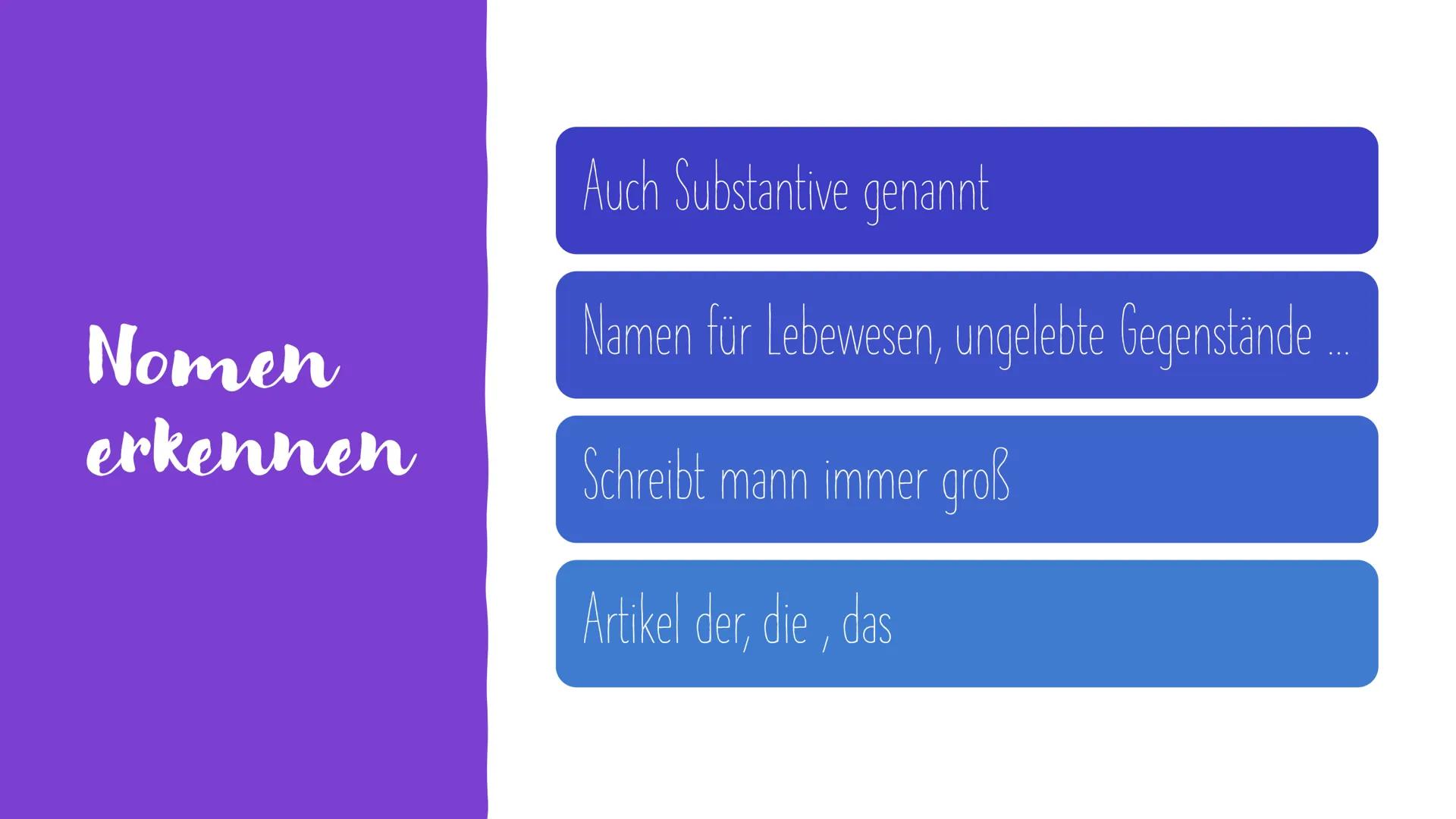 Nomen Nomen
erkennen
Auch Substantive genannt
Namen für Lebewesen, ungelebte Gegenstände
Schreibt mann immer groß
Artikel der, die, das Nume