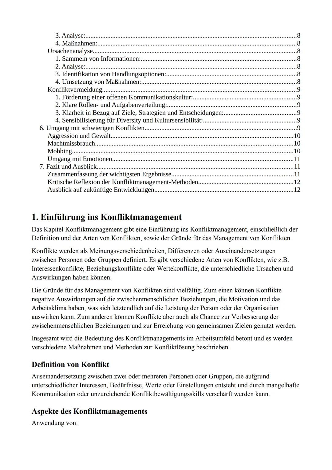 Inhaltsverzeichnis
Konfliktmanagement....
1. Einführung ins Konfliktmanagement.
Definition von Konflikt.....
Konfliktmanagement
Aspekte des