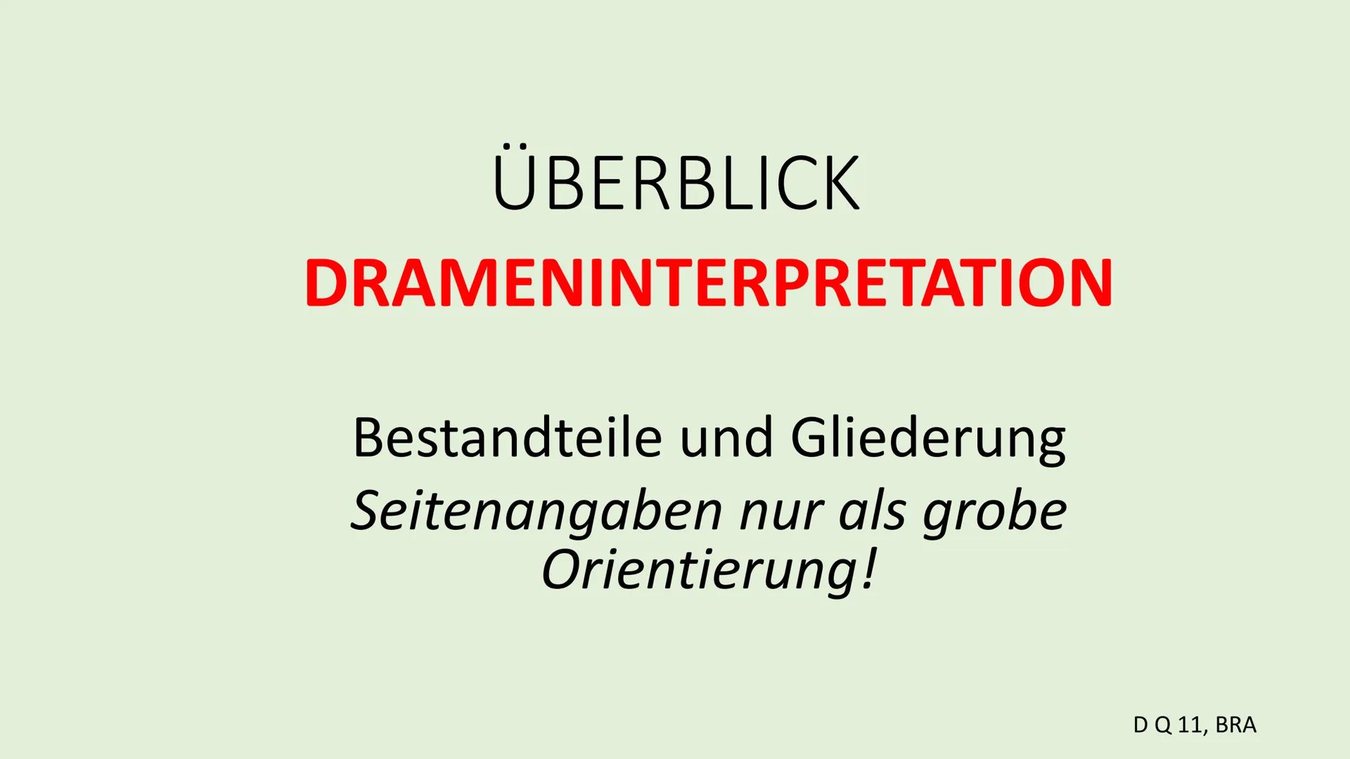 # ÜBERBLICK
DRAMENINTERPRETATION
Bestandteile und Gliederung
Seitenangaben nur als grobe
Orientierung!
D Q 11, BRA # 1. EINLEITUNG (ca. ¼