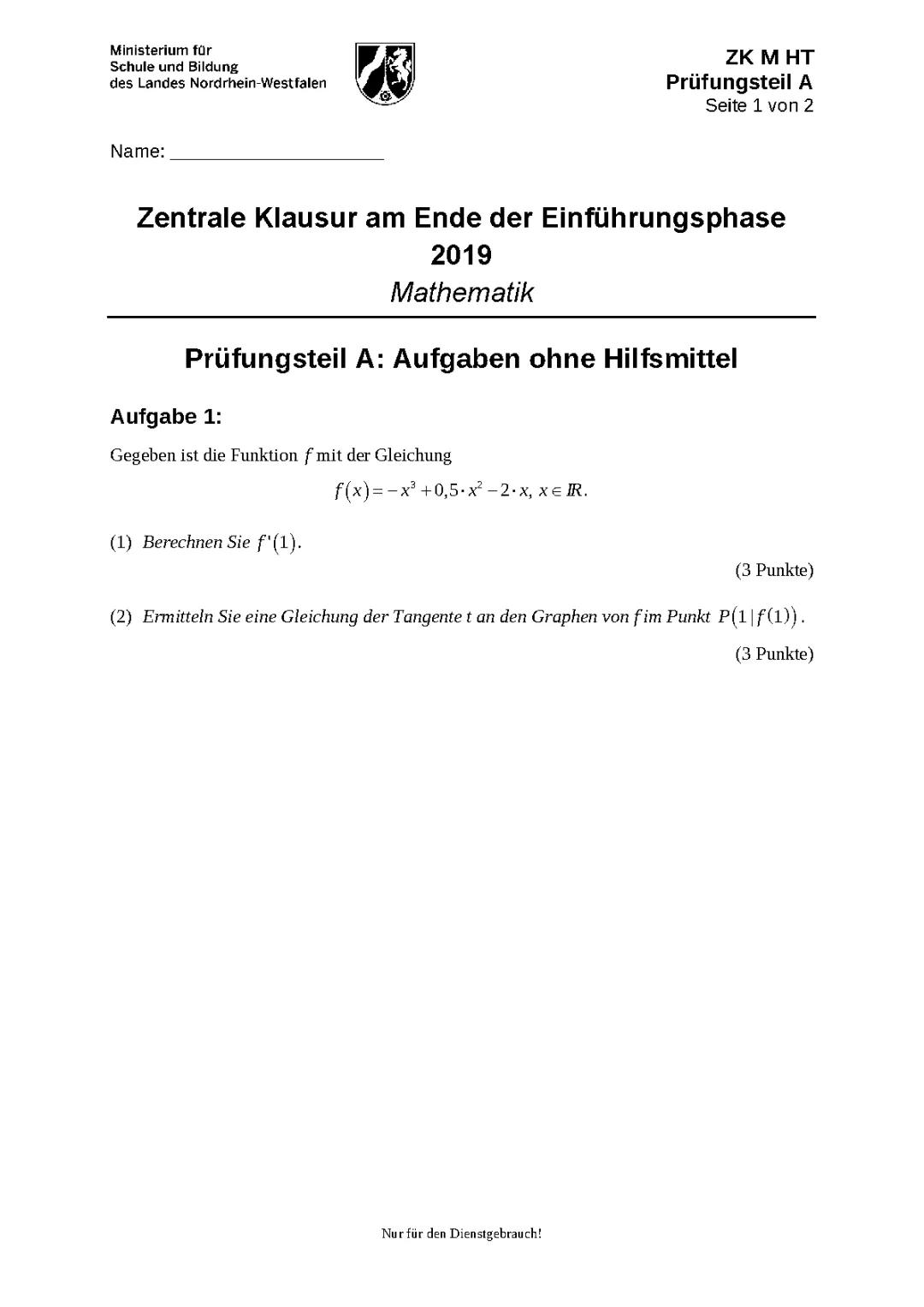 Zentralklausur Mathematik 2019
