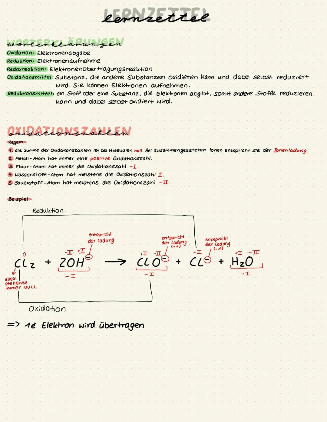 # LERNZETTEL
## Worterklärungen
Oxidation: Elektronenabgabe
Reduktion: Elektronenaufnahme
Redoxreaktion: Elektronenübertragungsreaktion