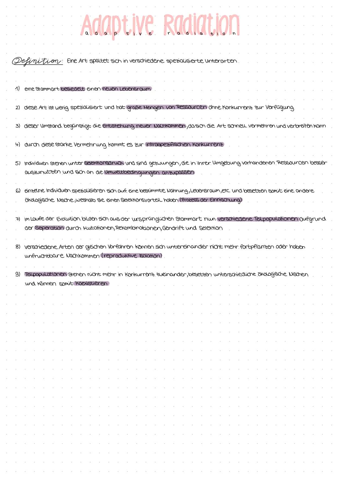 # Adaptive Radiation
Definition: Eine Art spaltet sich in verschiedene spezialisierte unterarten.
1) eine Stammart besiedelt einen neuen L