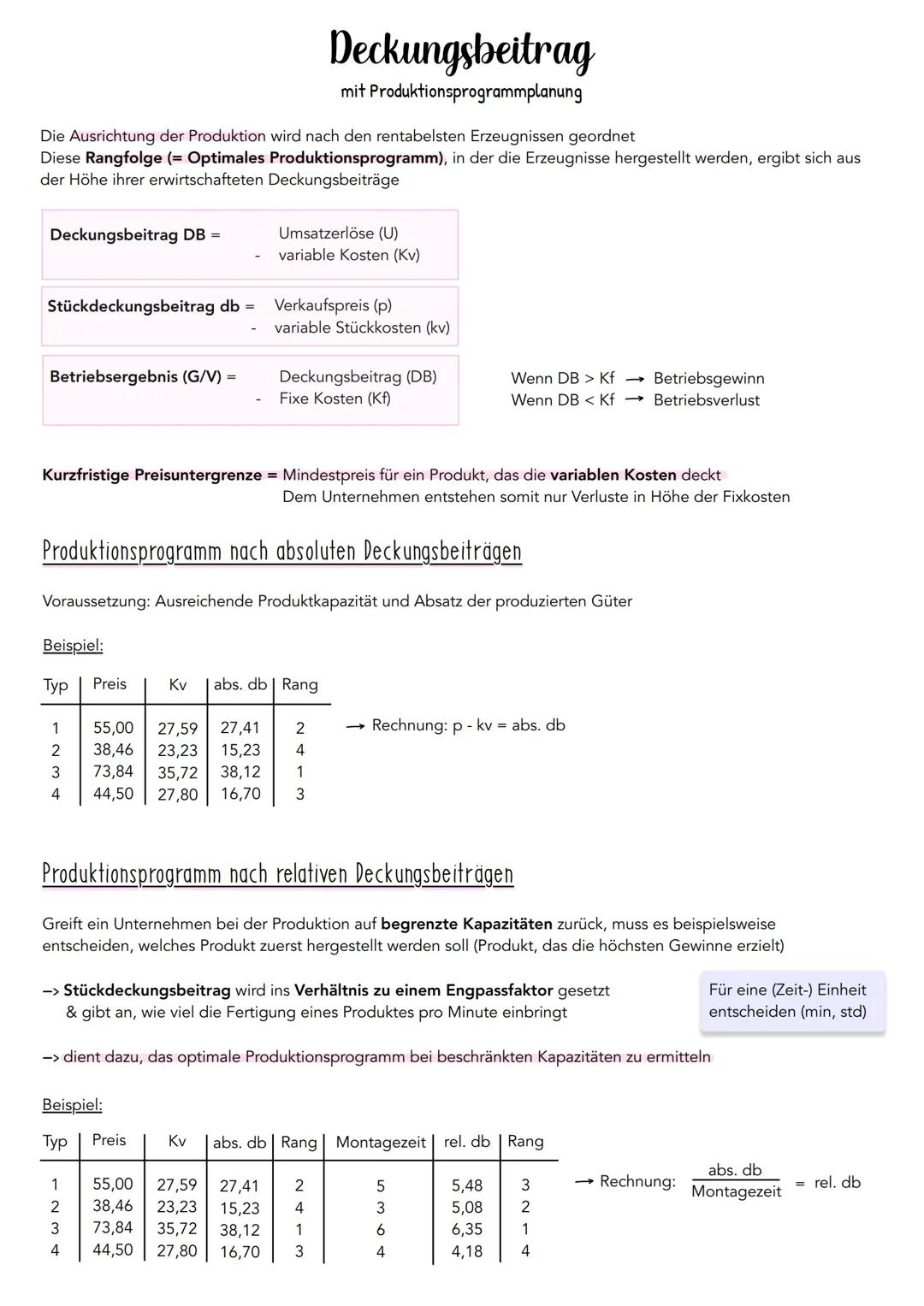 Deckungsbeitragsrechnung mit Produktionsprogrammplanung