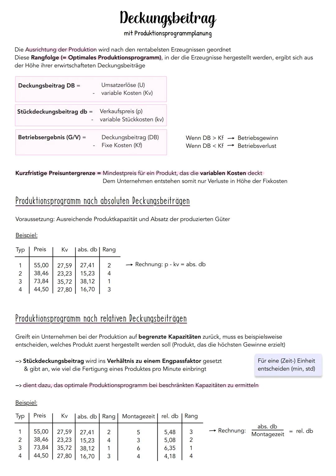 mit
Die Ausrichtung der Produktion wird nach den rentabelsten Erzeugnissen geordnet
Diese Rangfolge (= Optimales Produktionsprogramm), in de