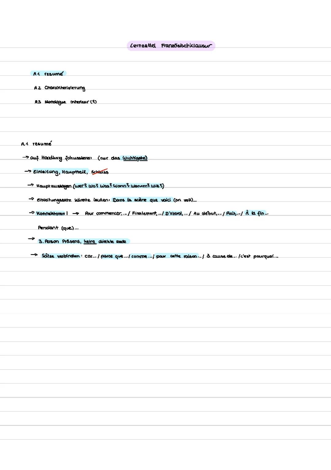 Wie schreibe ich ein resumé/ eine Charakterisierung/ einen inneren Monolog auf Französisch?