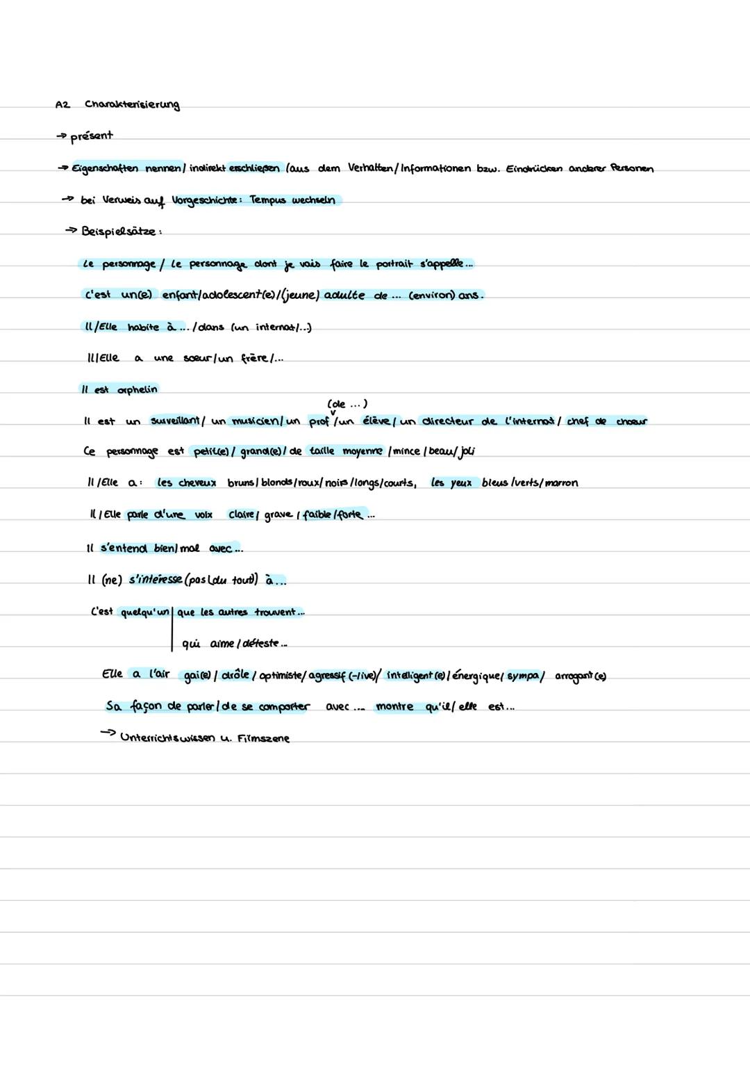 A1 resumé
A2 Charakterisierung.
A3 Monologue interieur (?)
A1 resumé
Lernzettel Französischklausur
→auf Handlung fokussieren (nur das Wichti