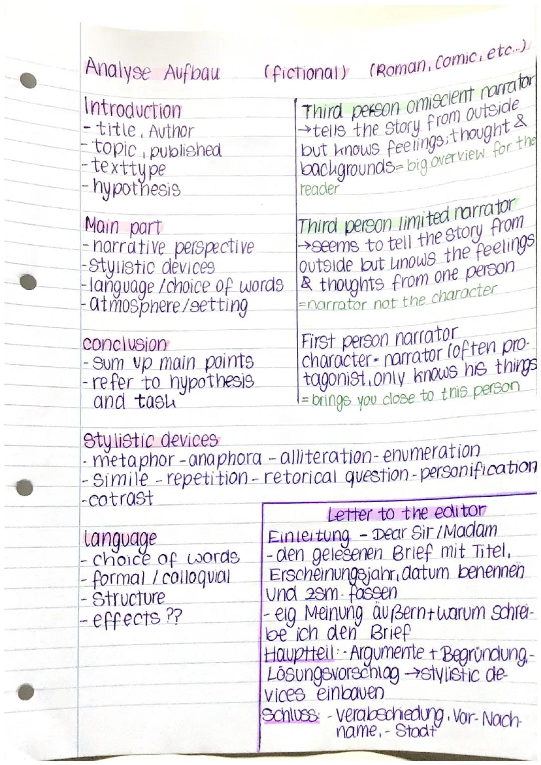 Analyse Aufbau
Introduction
- title, Author
- topic, published
-texttype
- hypothesis
Main part
-narrative perspective
-Stylistic devices