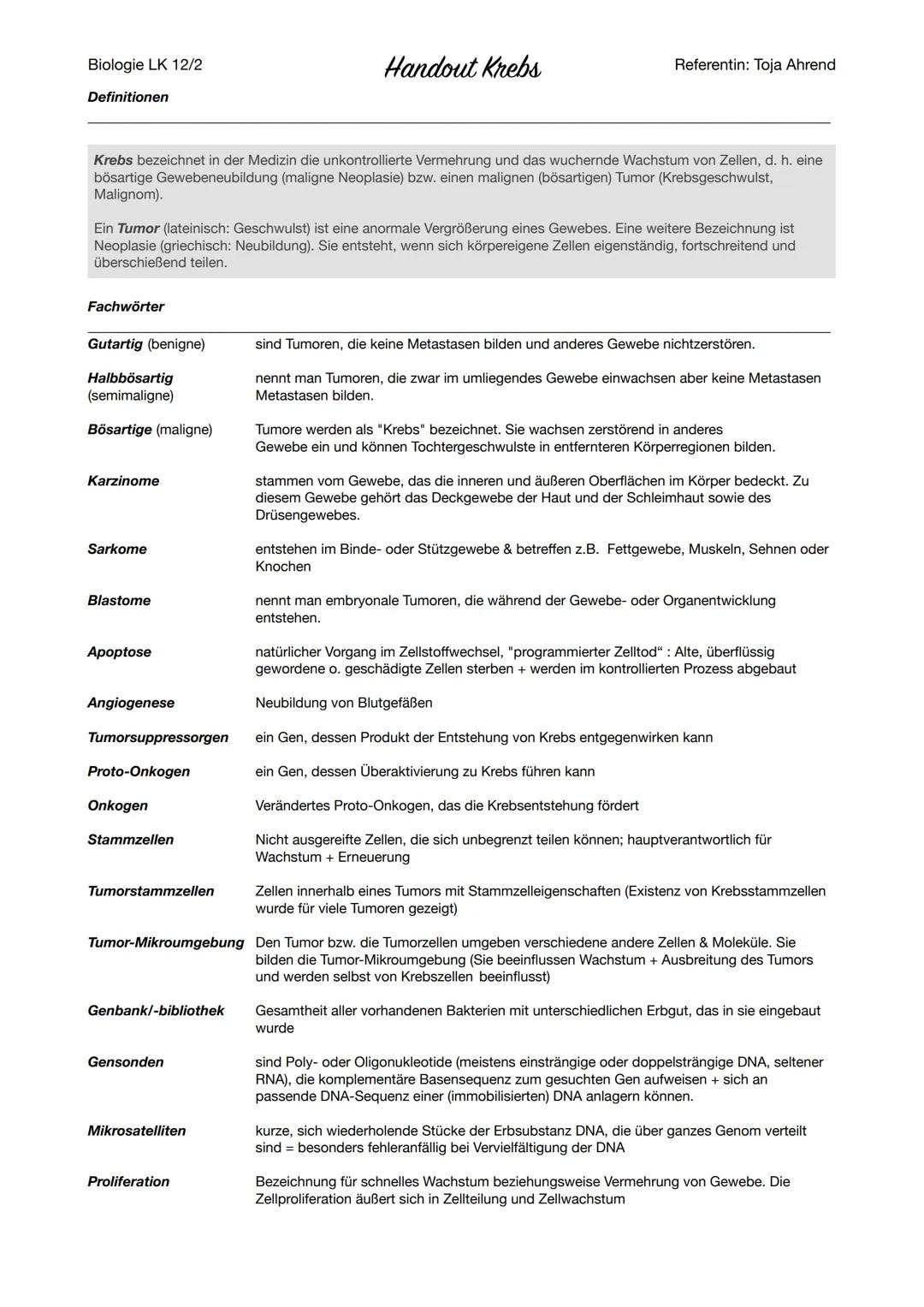 Bio Vortrag Notizen
Einleitung:
- gehört zu häufigsten Todesursachen in Industrieländern
- Neben Umwelteinflüssen wie UV-Strahlung + schädli