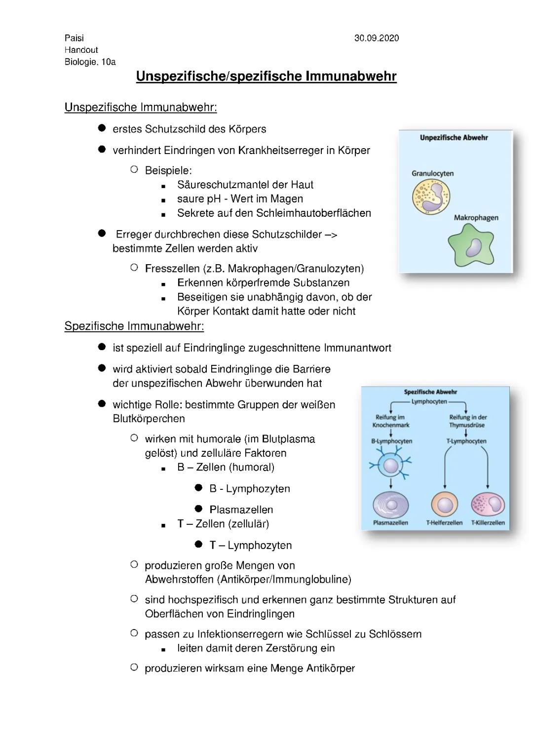 Unspezifische/spezifische Immunabwehr