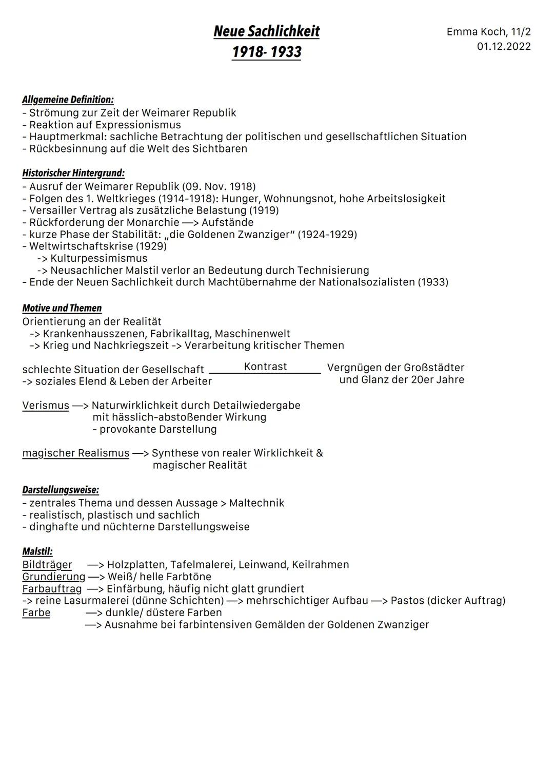 Neue Sachlichkeit
1918-1933
Allgemeine Definition:
- Strömung zur Zeit der Weimarer Republik
- Reaktion auf Expressionismus
- Hauptmerkmal: