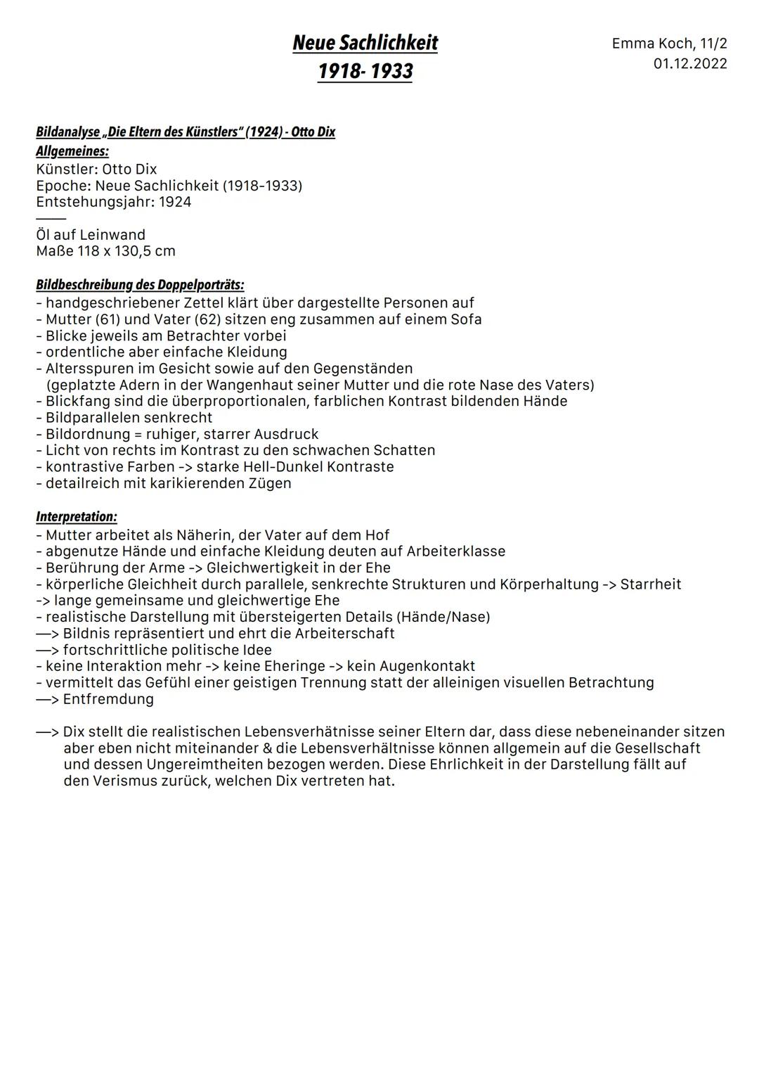 Neue Sachlichkeit
1918-1933
Allgemeine Definition:
- Strömung zur Zeit der Weimarer Republik
- Reaktion auf Expressionismus
- Hauptmerkmal: