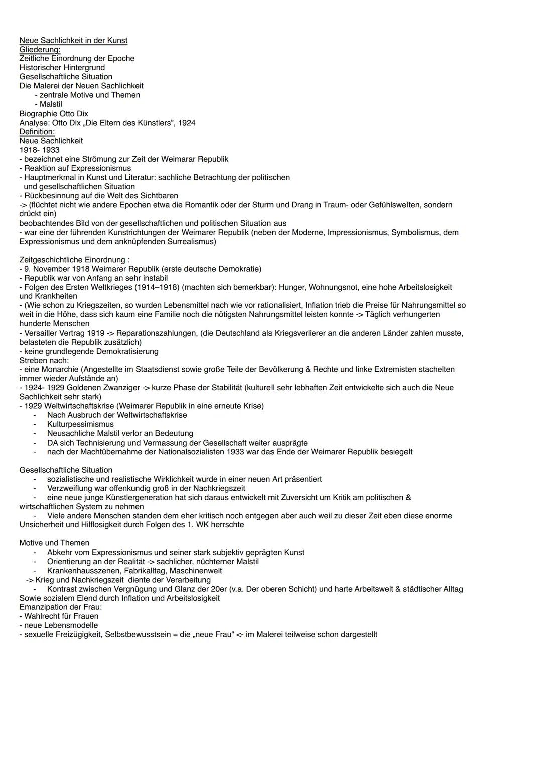Neue Sachlichkeit
1918-1933
Allgemeine Definition:
- Strömung zur Zeit der Weimarer Republik
- Reaktion auf Expressionismus
- Hauptmerkmal: