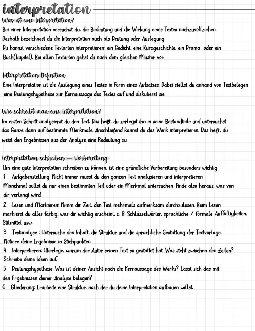 interpretation
Was ist eine Interpretation?
Bei einer Interpretation versuchst du, die Bedeutung und die Wirkung eines Textes nachzuvollzieh