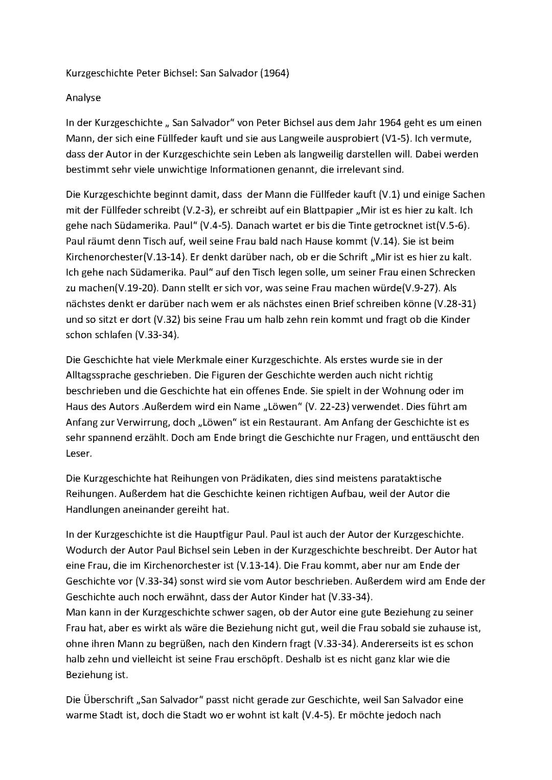 Kurzgeschichte Peter Bichsel: San Salvador