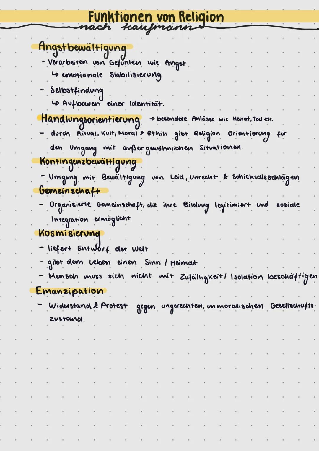 # Funktionen von Religion
nach Hausmanns
Angst bewältigung
- Verarbeiten von Gefunien wie Angst.
Lo emotionale Stabilisierung
- Sellostfin