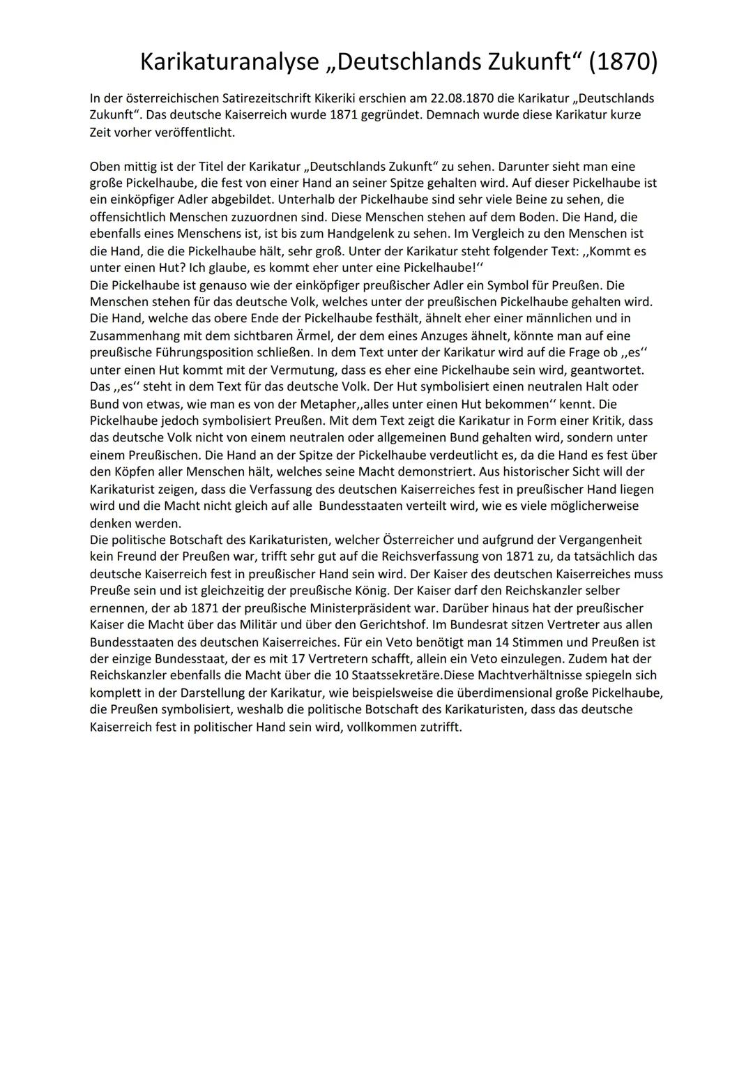 Karikaturanalyse ,,Deutschlands Zukunft" (1870)
In der österreichischen Satirezeitschrift Kikeriki erschien am 22.08.1870 die Karikatur ,,De