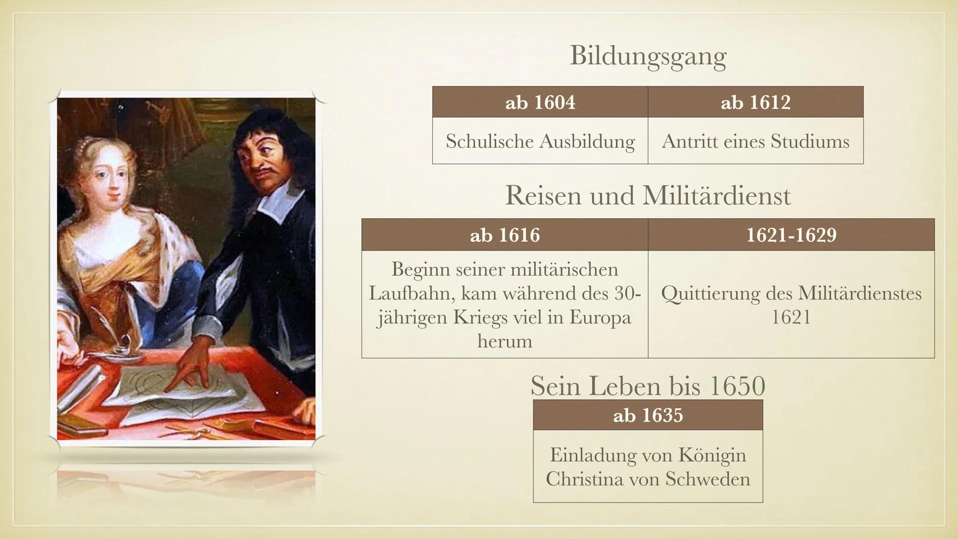 # RENÉ DESCARTES
„ICH DENKE, ALSO BIN ICH“
PHILOSOPHIE REFERAT
JULIA BACKHAUS GLIEDERUNG
- Biografie
- Lebenslauf
- Methodische Zweifel
