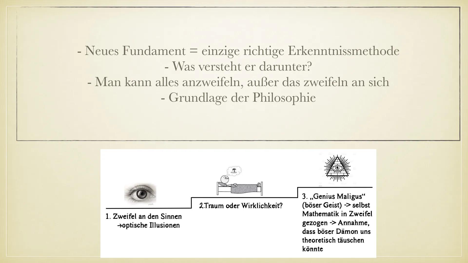 # RENÉ DESCARTES
„ICH DENKE, ALSO BIN ICH“
PHILOSOPHIE REFERAT
JULIA BACKHAUS GLIEDERUNG
- Biografie
- Lebenslauf
- Methodische Zweifel