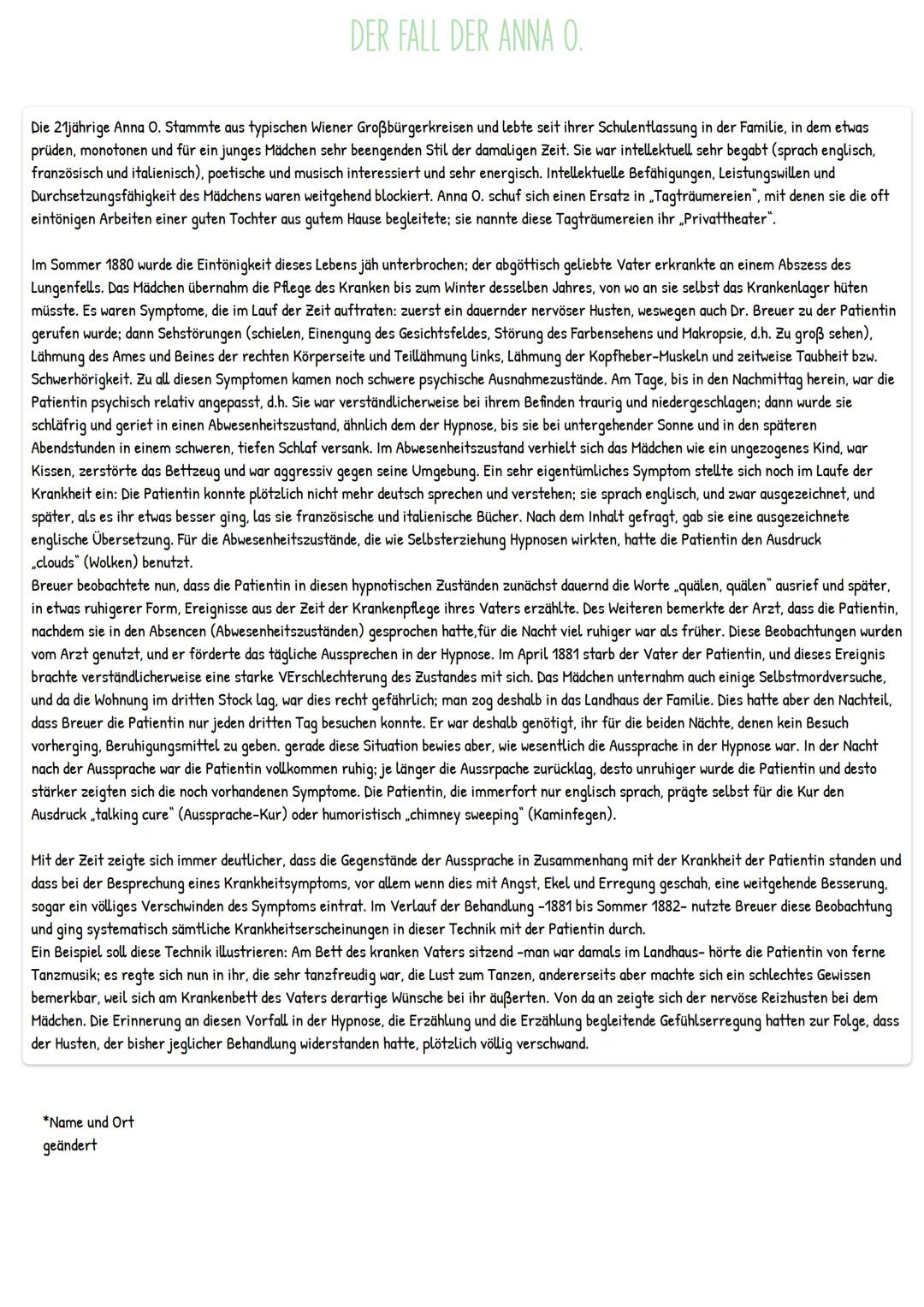 SIGMUND FREUDS THEORIE ÜBER DIE MENSCHLICHE PSYCHE UND GEWISSEN
Der Fall der Anna O (zusammengefasst)
Die Tochter aus Wiener Großbürgerkreis