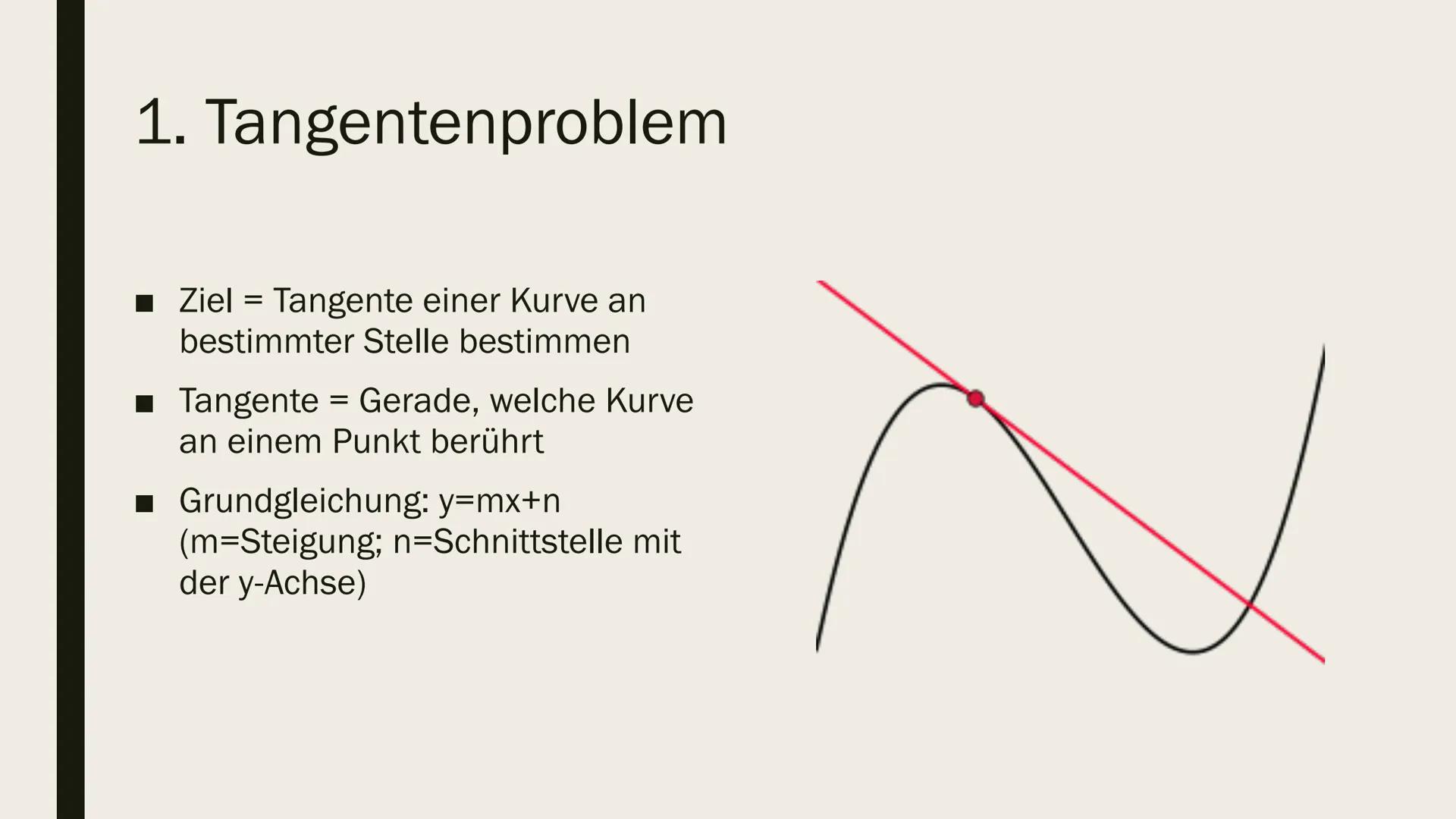 PROBLEME IN DER
ANALYSIS Gliederung
■ 1. Tangentenproblem
■ 2. Extremalproblem
■ 3. Berührpunktproblem
■ 4. Steigungswinkelproblem
■ 5. Schn