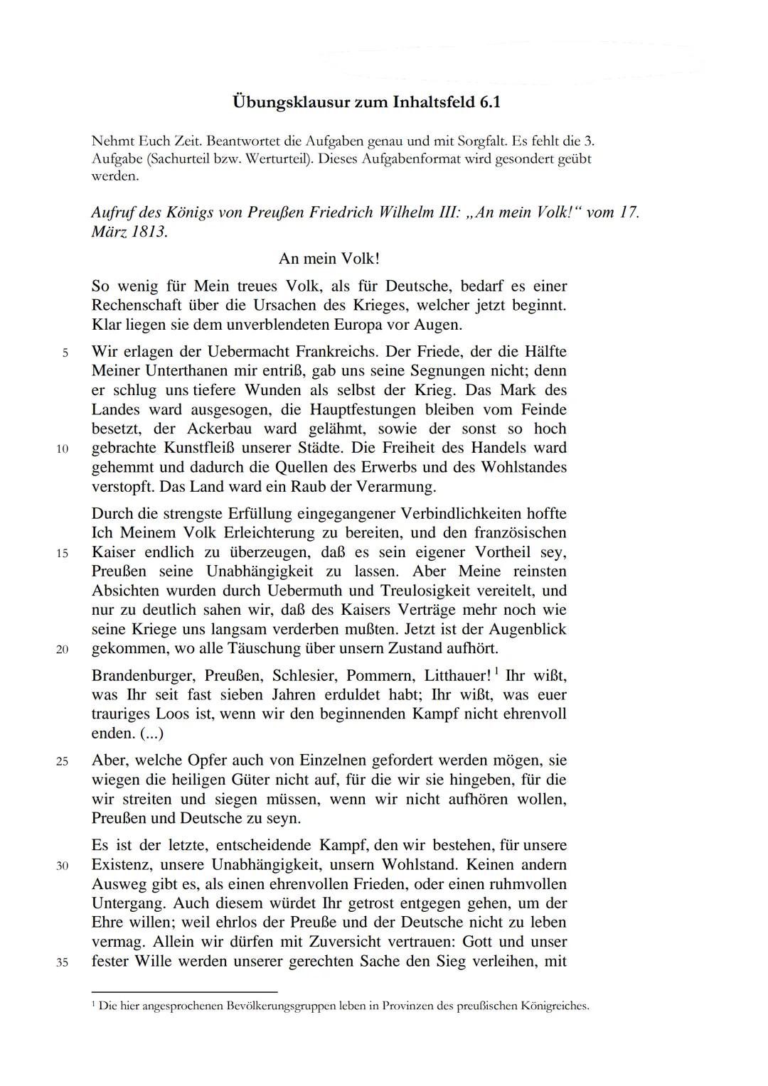 Übungsklausur zum Inhaltsfeld
Napoleon
Aufgabe 1:
Am 17. März 1813 wandte sich König Friedrich Wilhelm III. von Preußen in Breslau mit der
R