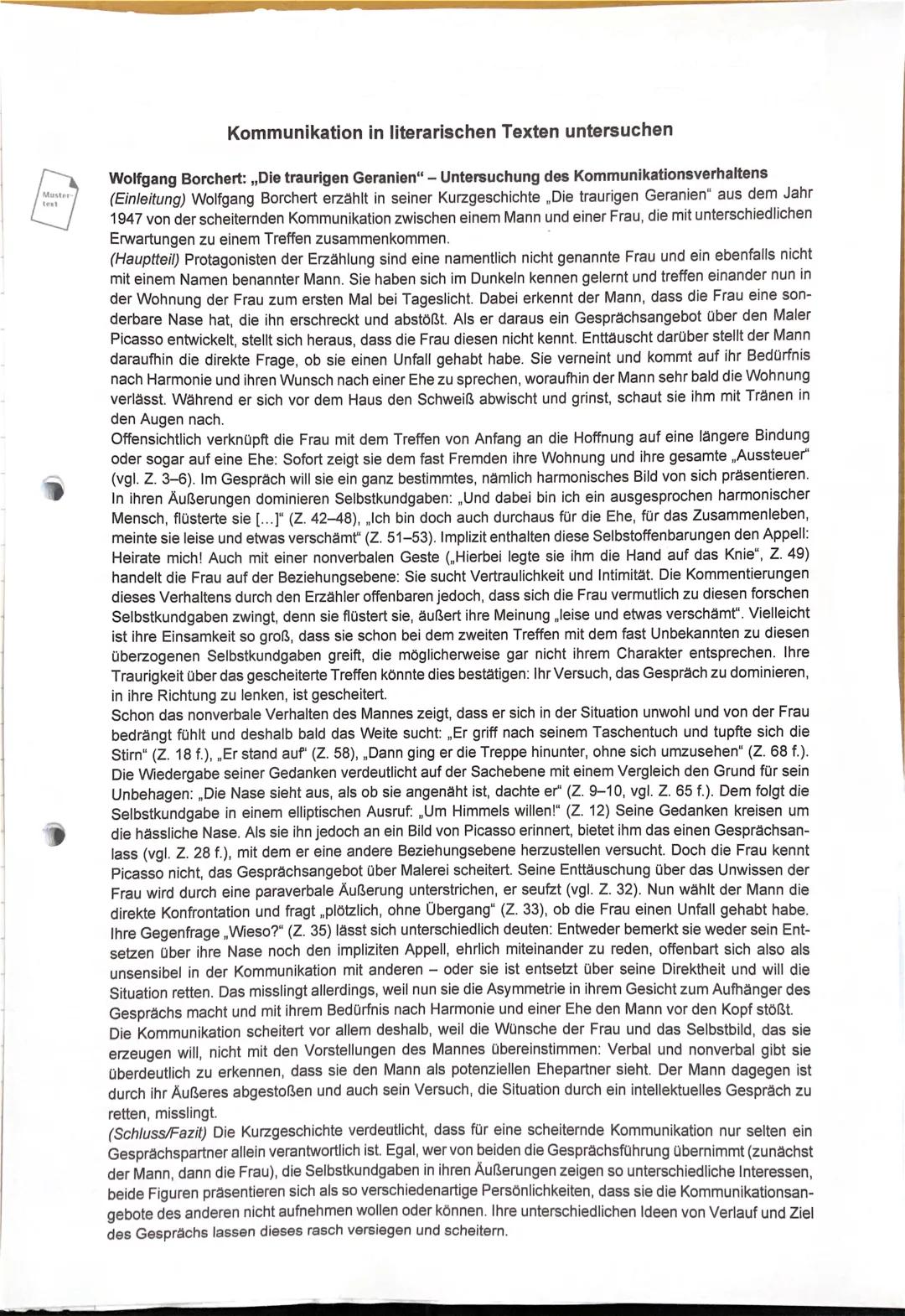 Kommunikation in literarischen Texten untersuchen
Wolfgang Borchert: „Die traurigen Geranien" - Untersuchung des Kommunikationsverhaltens
(