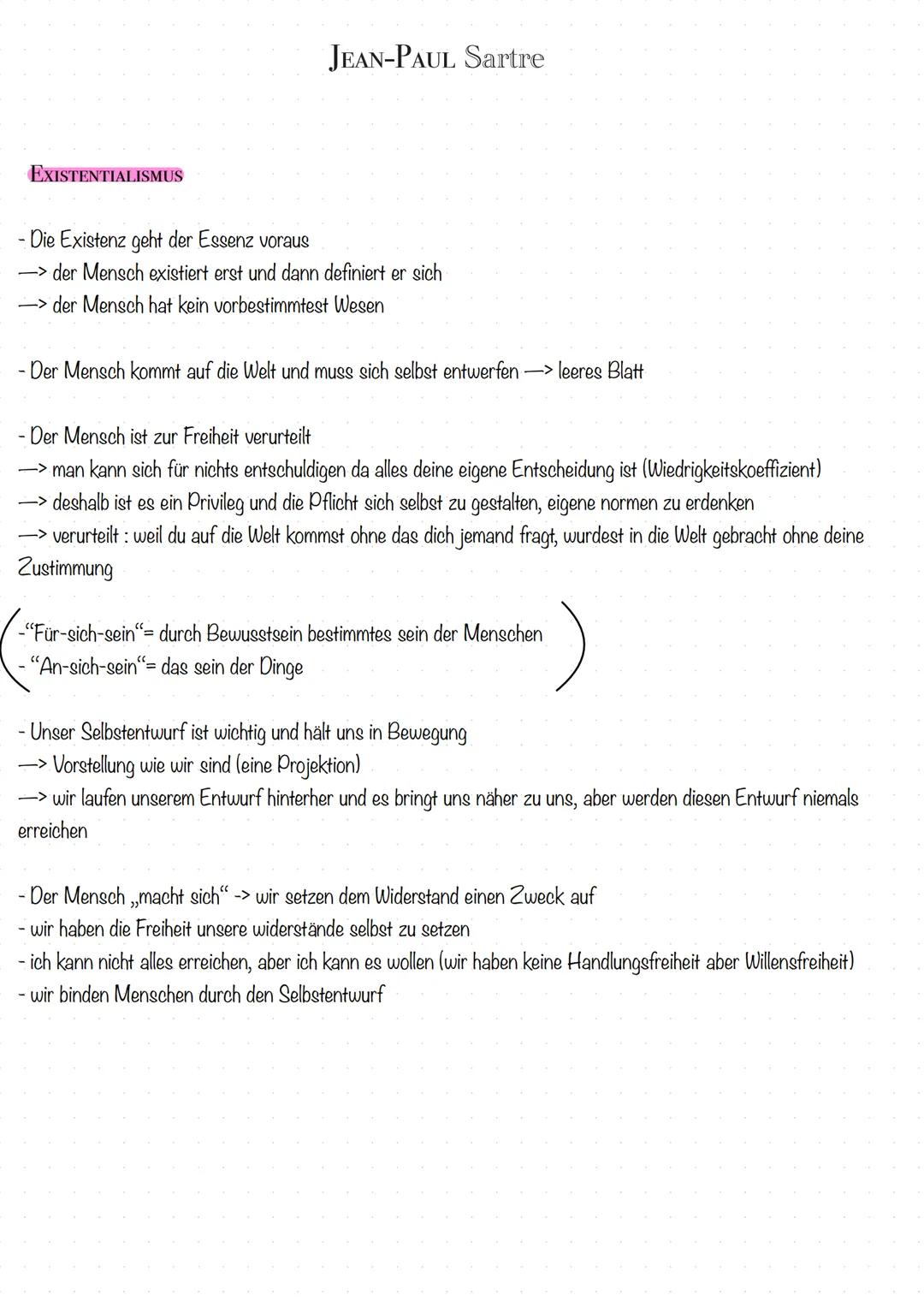 ANTHROPOLOGIE/
LEIB SEELE PROBLEM JEAN-PAUL Sartre
EXISTENTIALISMUS
- Die Existenz geht der Essenz voraus
-> der Mensch existiert erst und d