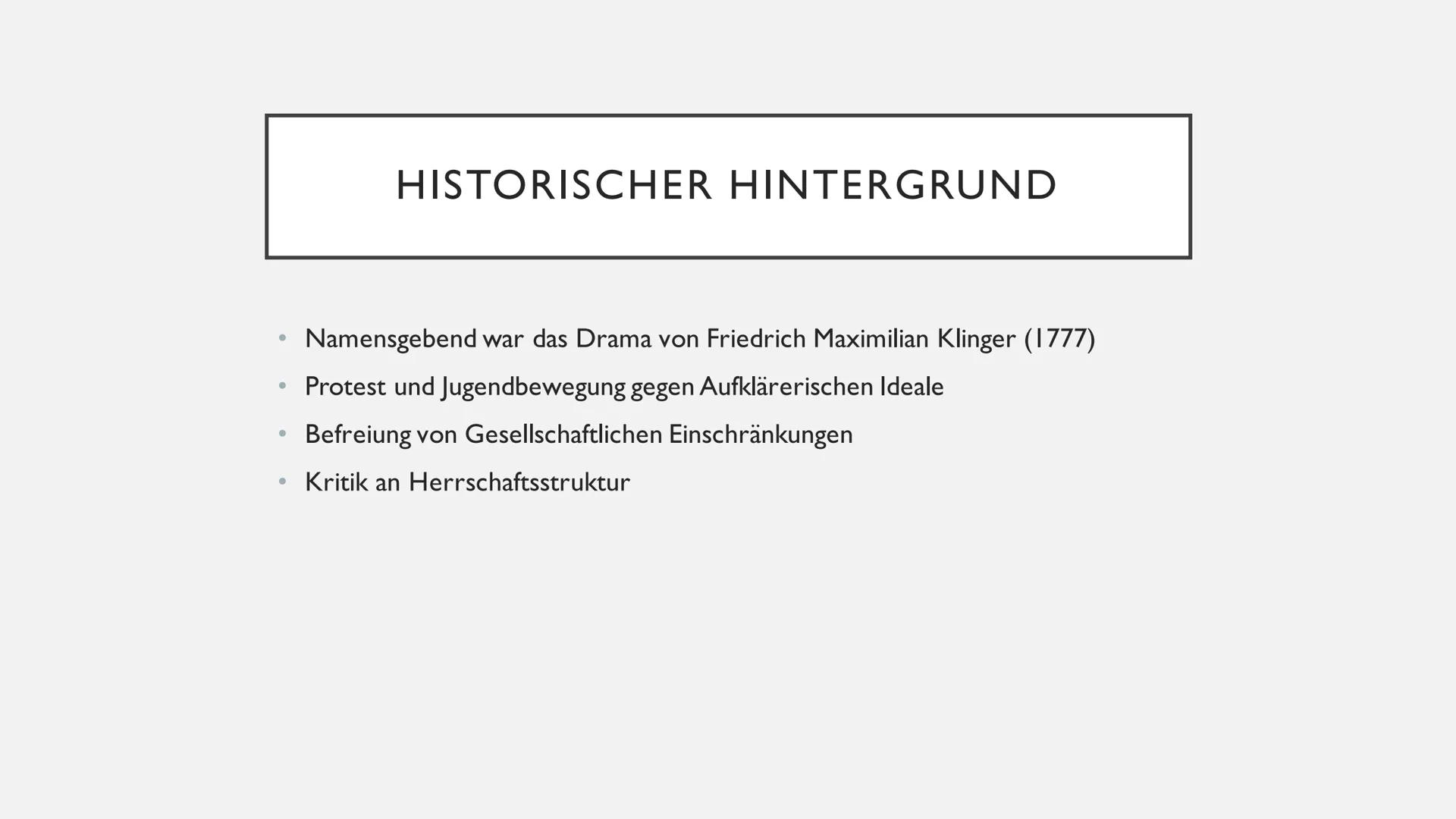 # STURM UND DRANG
(1765-1785)
Von Finja und Thyra INHALTSVERZEICHNIS
* Historischer Hintergrund
* Typische Merkmale des Sturm und Dra