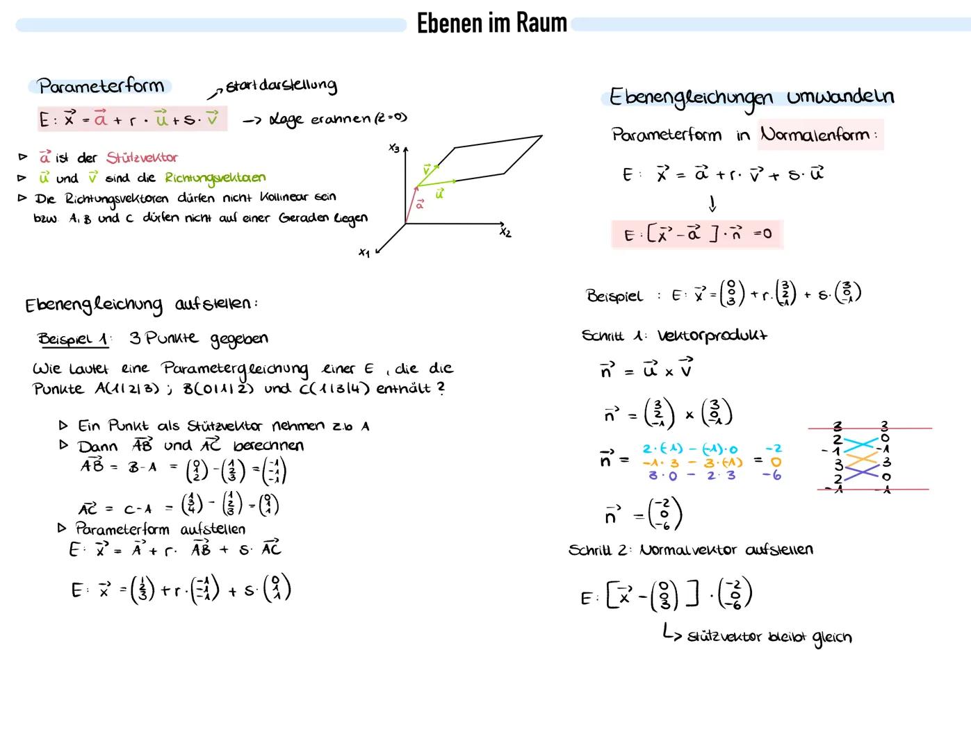 Ebenen im Raum
Parameterform
E: x=a+r·u+s·v
▷ a ist der Stützvektor
▷ u und v sind die Richtungsvektaen
▷ Die Richtungsvektoren dürfen nich