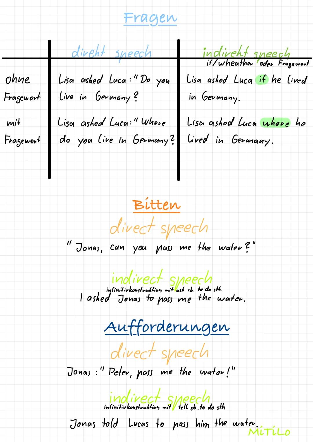 # Reported speech
## Aussagesätze - Personalpronomen
Lisa sagte zu Lucas:" Ich werde dich anrufen, wenn wir im Pack sind."
Lisa said to Luc