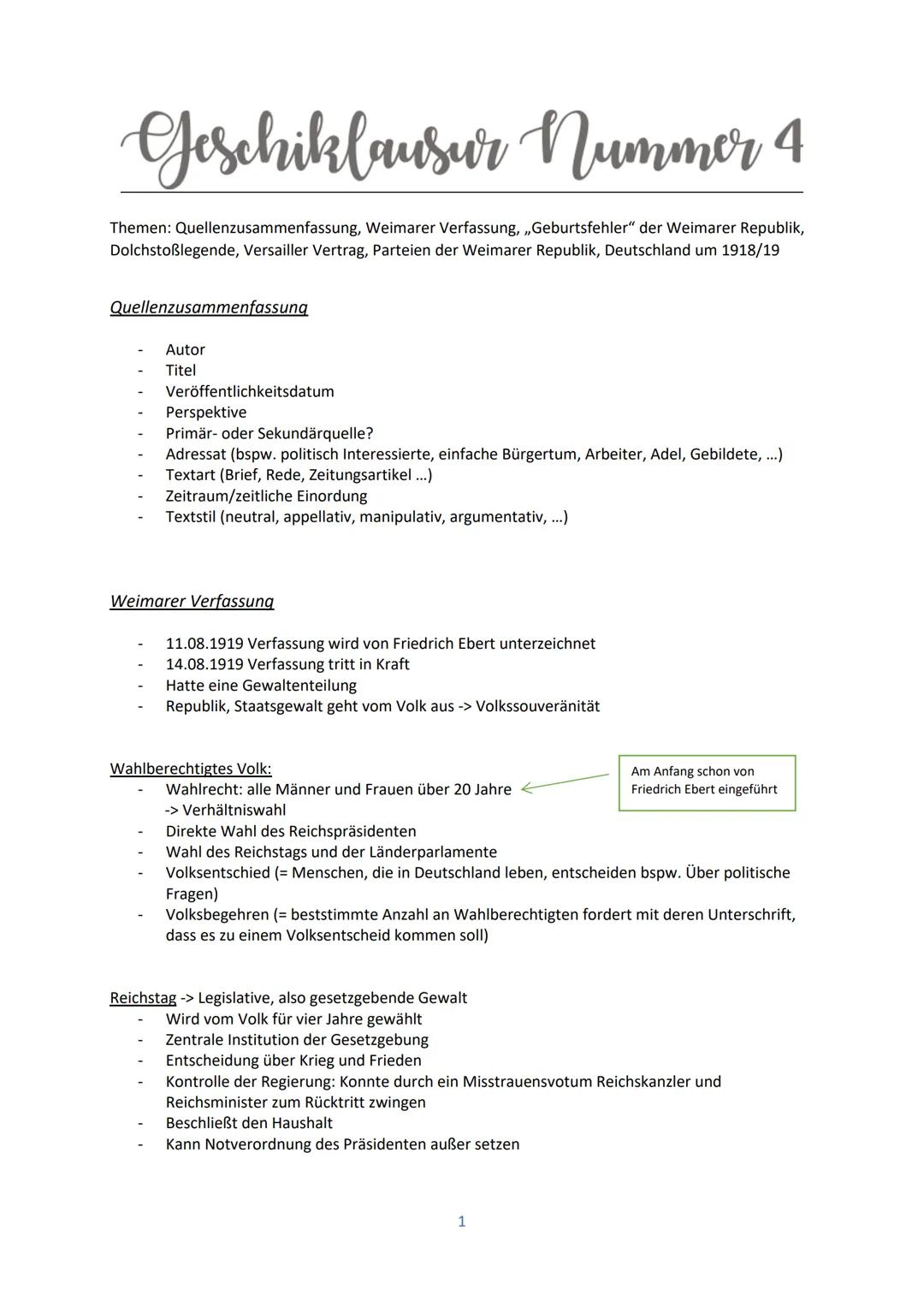 # Geschiklausur Nummer 4
Themen: Quellenzusammenfassung, Weimarer Verfassung,,,Geburtsfehler" der Weimarer Republik,
Dolchstoßlegende, Vers