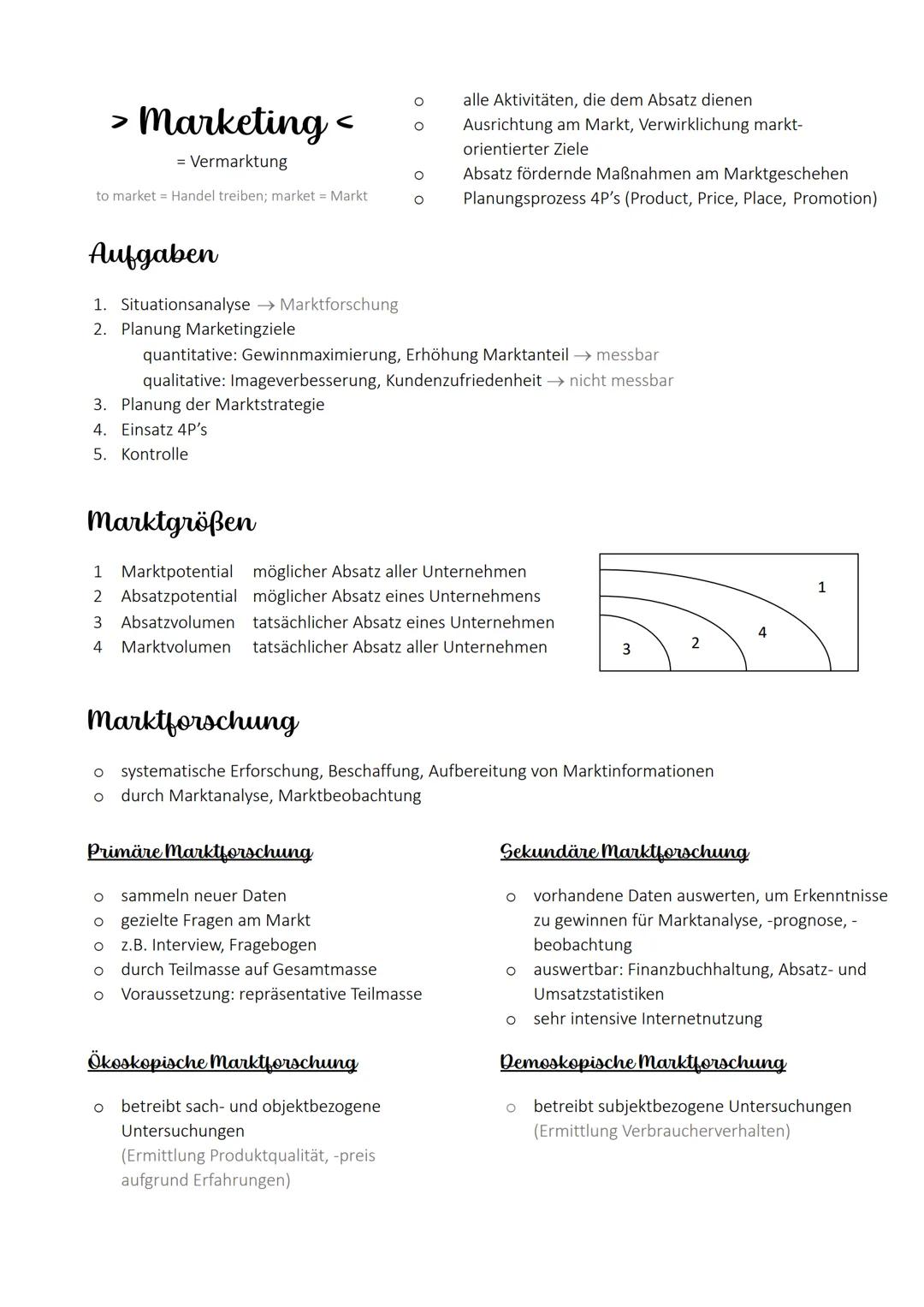 > Marketing <
= Vermarktung
to market = Handel treiben; market = Markt
Aufgaben
1. Situationsanalyse → Marktforschung
2. Planung Marketi