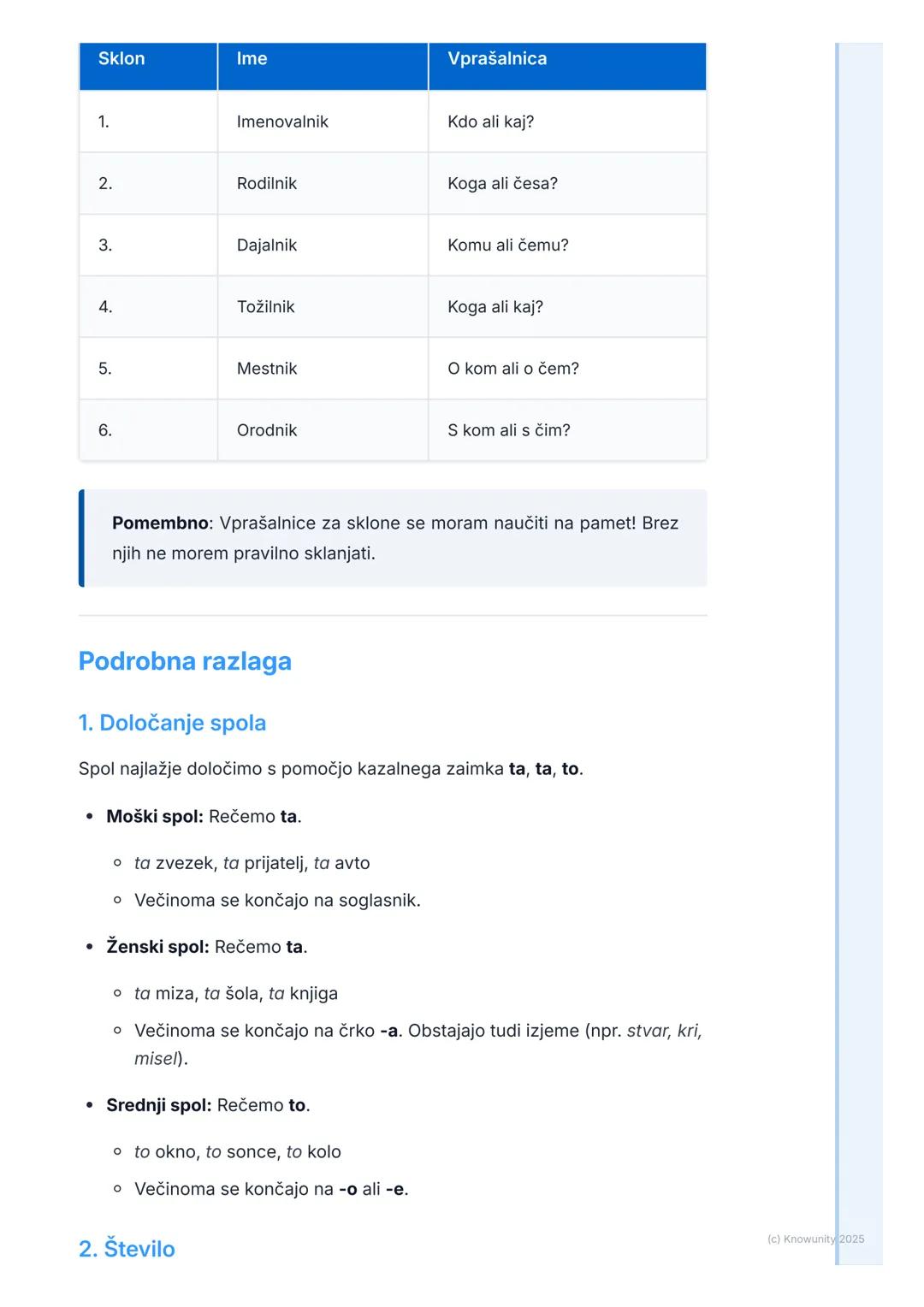 # Samostalnik
Kaj je samostalnik
Samostalnik je beseda, s katero poimenujemo bitja (npr. učenec, pes, Ana),
stvari (npr. miza, zvezek, tel