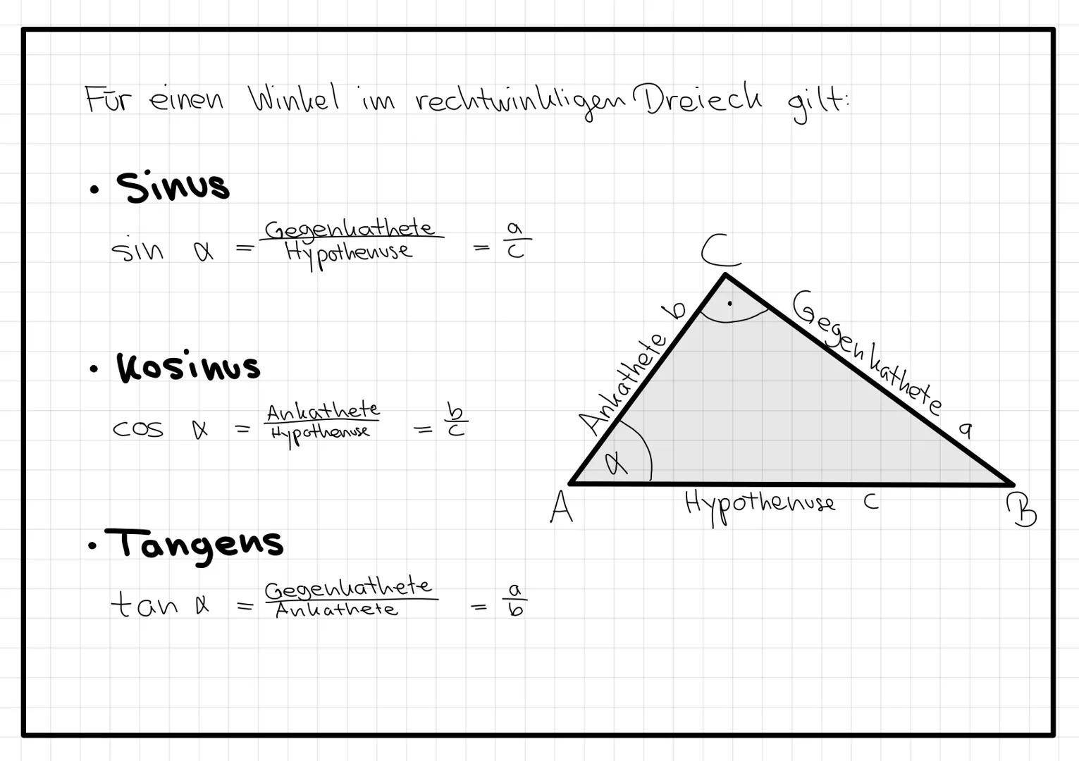 Für einen Winkel im rechtwinkligen Dreieck gilt:
• Sinus
$sin \alpha = \frac{Gegenkathete}{Hypothenuse} = \frac{a}{c}$
• Kosinus
$COS X =
