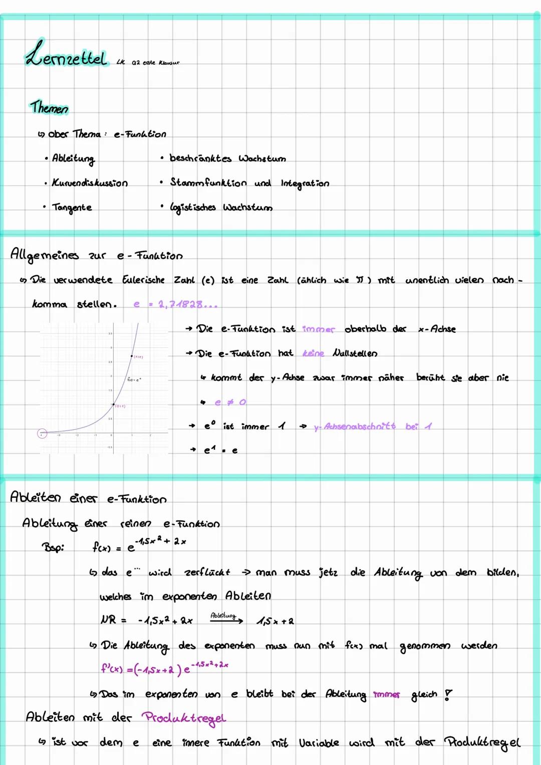 Lemzettel
Themen
Gober Thema: e-Funktion
.
.
Ableitung
LK Q2 erste Klausur
Kuruendiskussion.
•Tangente
(011)
.
(416)
●
●
Allgemeines zur e-F