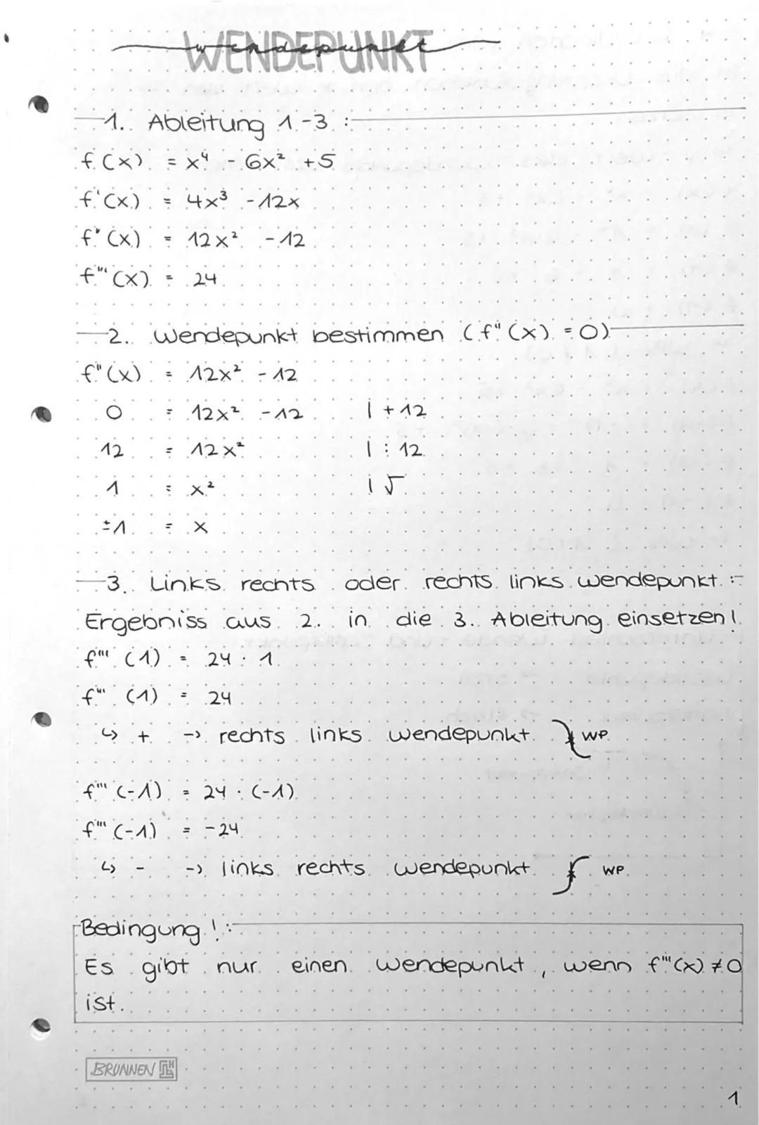 # WENDEPUNKT
- 1. Ableitung 1-3:
$f(x) = x^4 - 6x^2 + 5$
$f'(x) = 4x^3 - 12x$
$f''(x) = 12x^2 - 12$
$f'''(x) = 24$
- 2. Wendepunkt bes