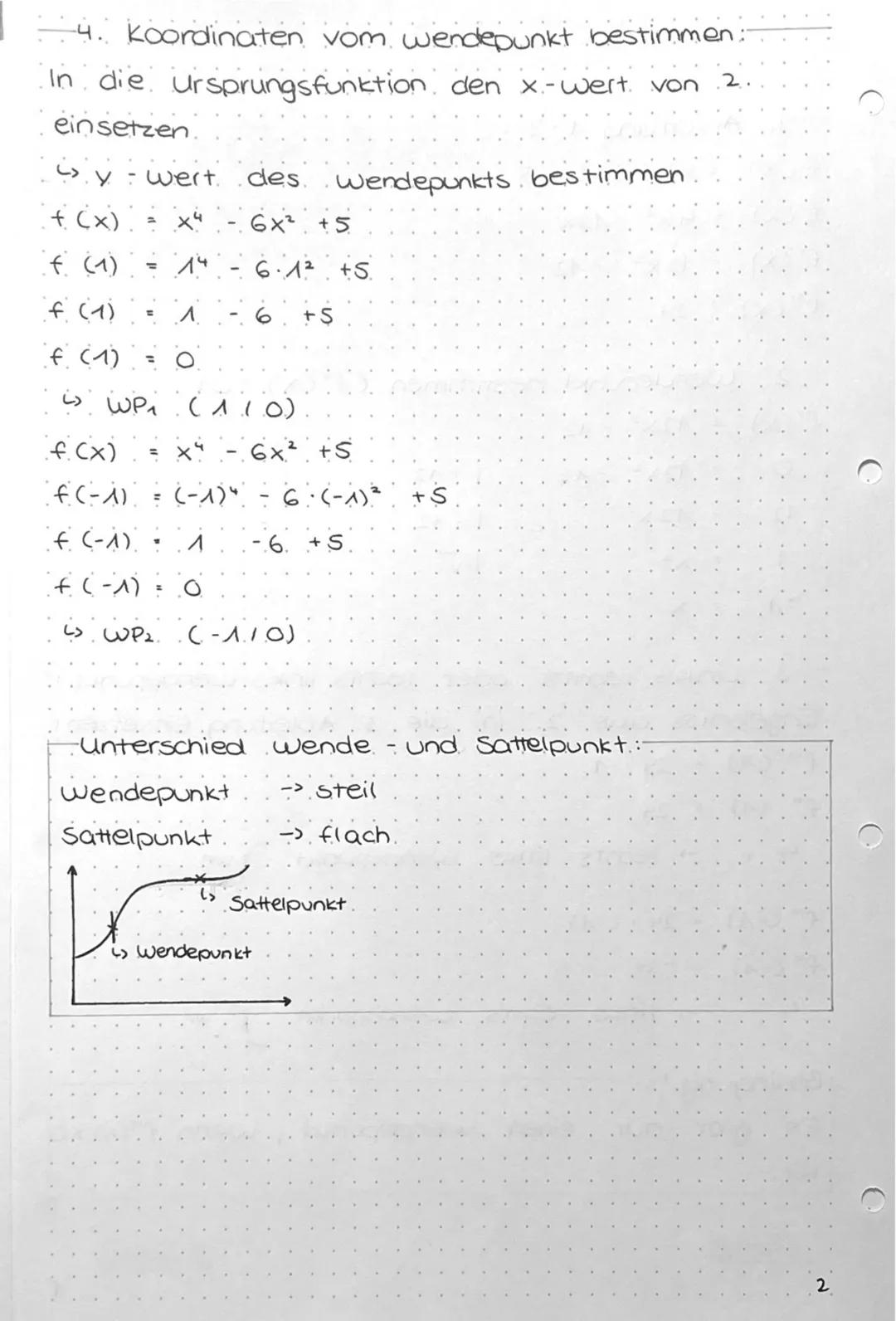 # WENDEPUNKT
- 1. Ableitung 1-3:
$f(x) = x^4 - 6x^2 + 5$
$f'(x) = 4x^3 - 12x$
$f''(x) = 12x^2 - 12$
$f'''(x) = 24$
- 2. Wendepunkt bes