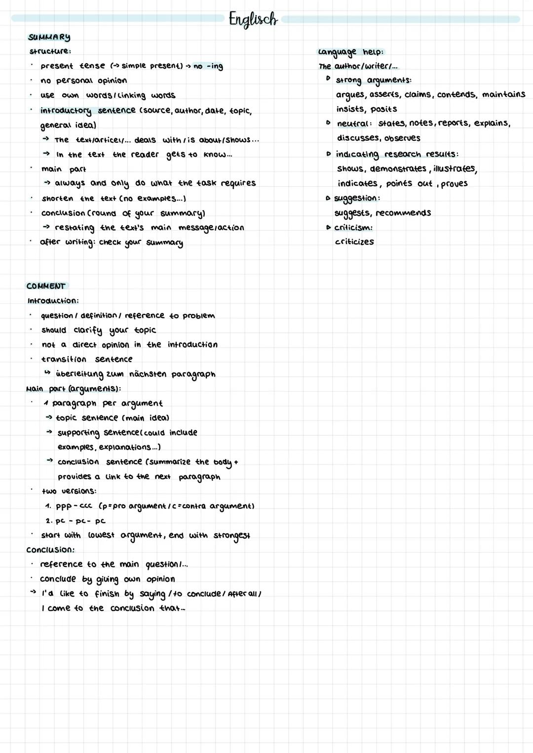 SUMMARY
structure:
present tense (→ simple present) → no-ing
no personal opinion
use own words/Linking words
introductory sentence (source,