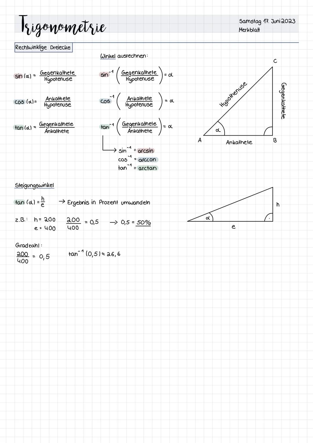 Trigonometrie
Rechtwinklige Dreiecke
sin (a) =
cos (α)=
tan (d) =
Z.B.:
Gegenkathete
Hypotenuse
Steigungswinkel
tan (a) = 1/2
Ankathete
Hypo